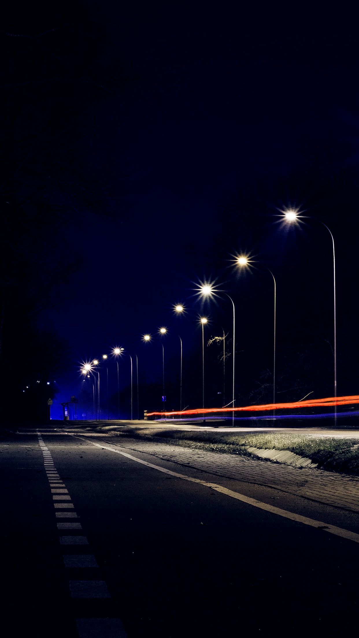 1242x2208 iPhone X wallpaper. street lights dark night car city blue