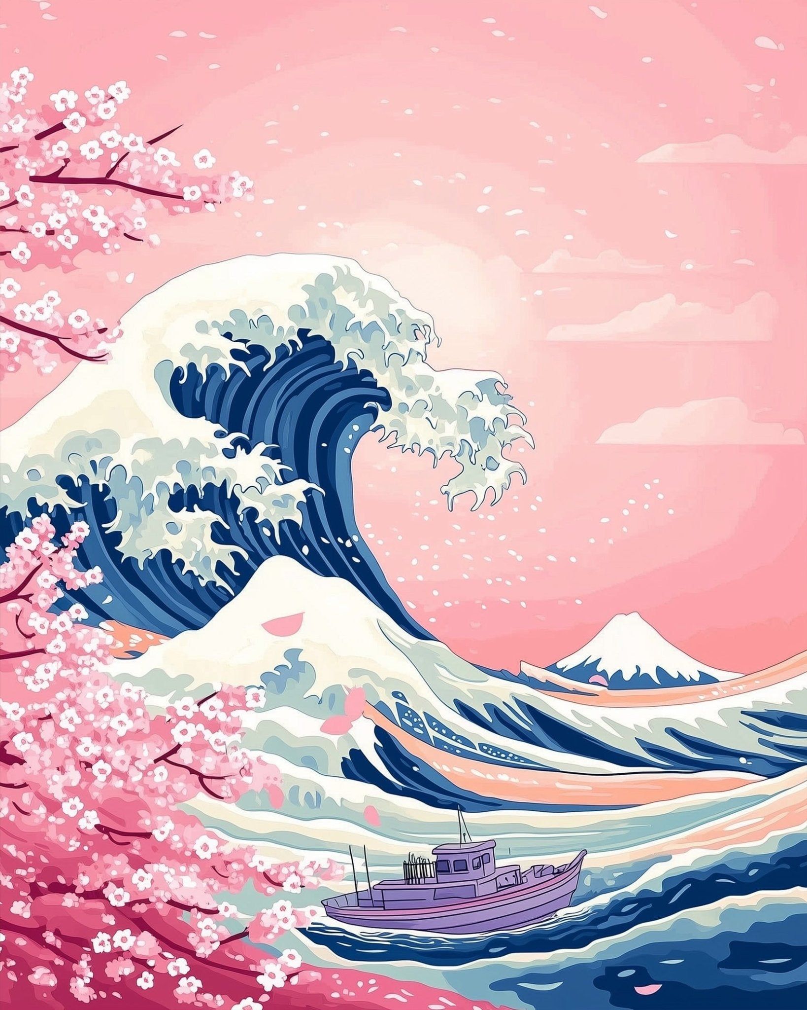 1638x2048 Pink Ocean Wave and Blossoms Asian Art Kits By Numbers Kit