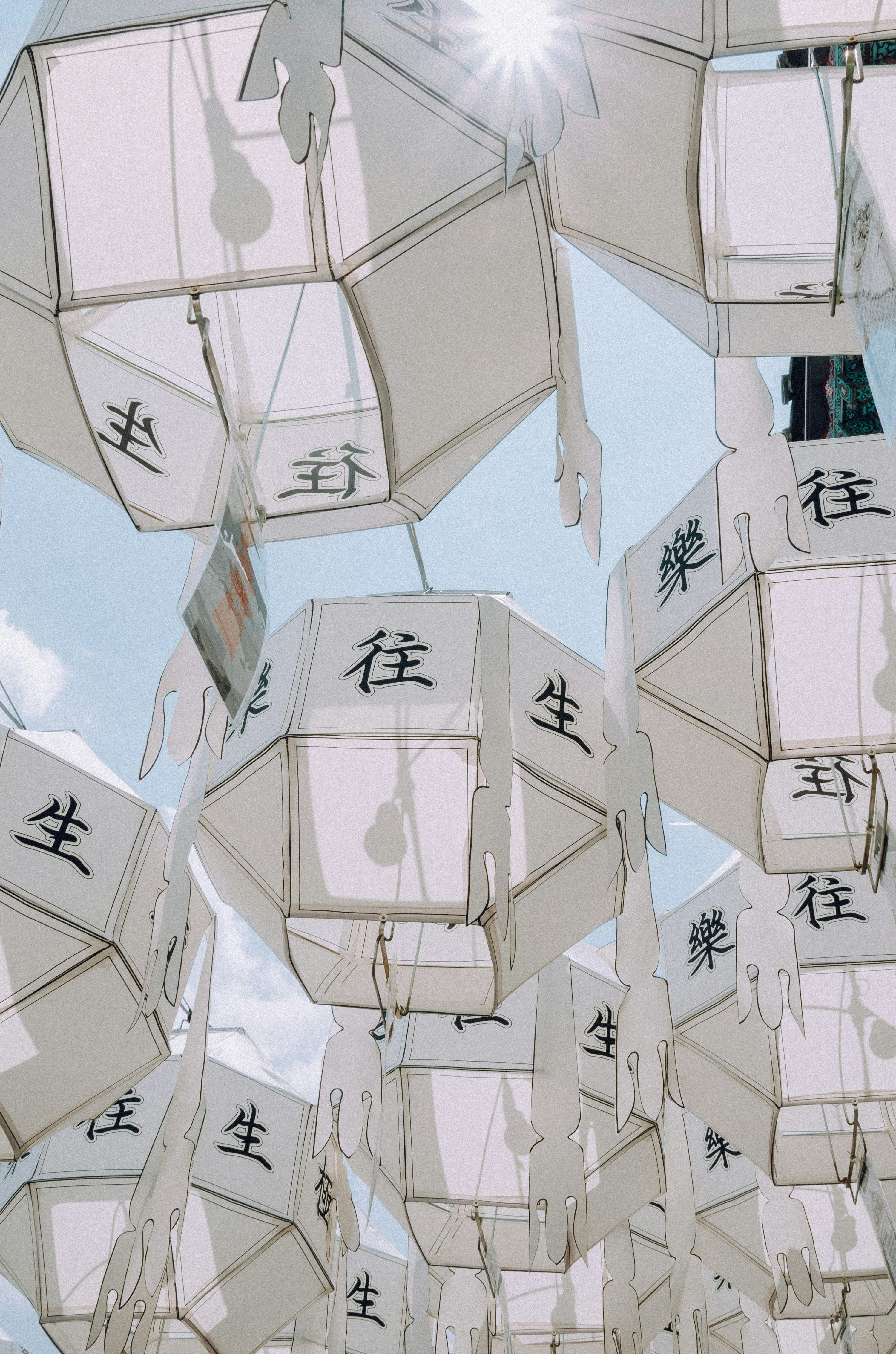 3000x4530 White lanterns with asian characters hang outdoors. photo