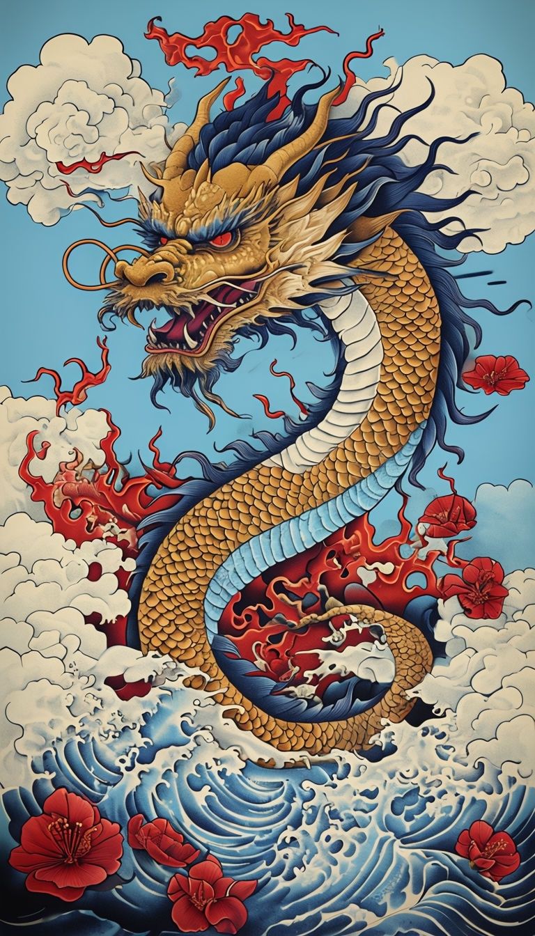768x1344 Majestic Dragon Traditional Tattoo Art with Floral Elements Mobile Wallpaper