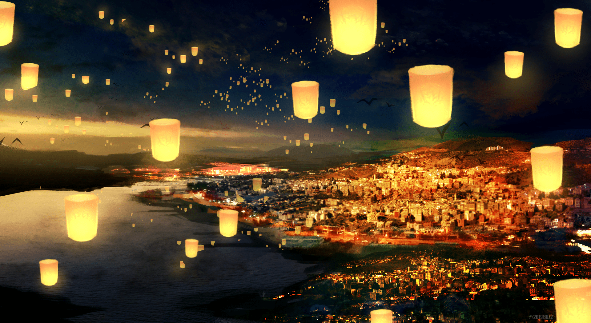 1920x1050 Enchanted Night Sky: Fantasy Lanterns Over a Mystical Landscape HD Wallpaper