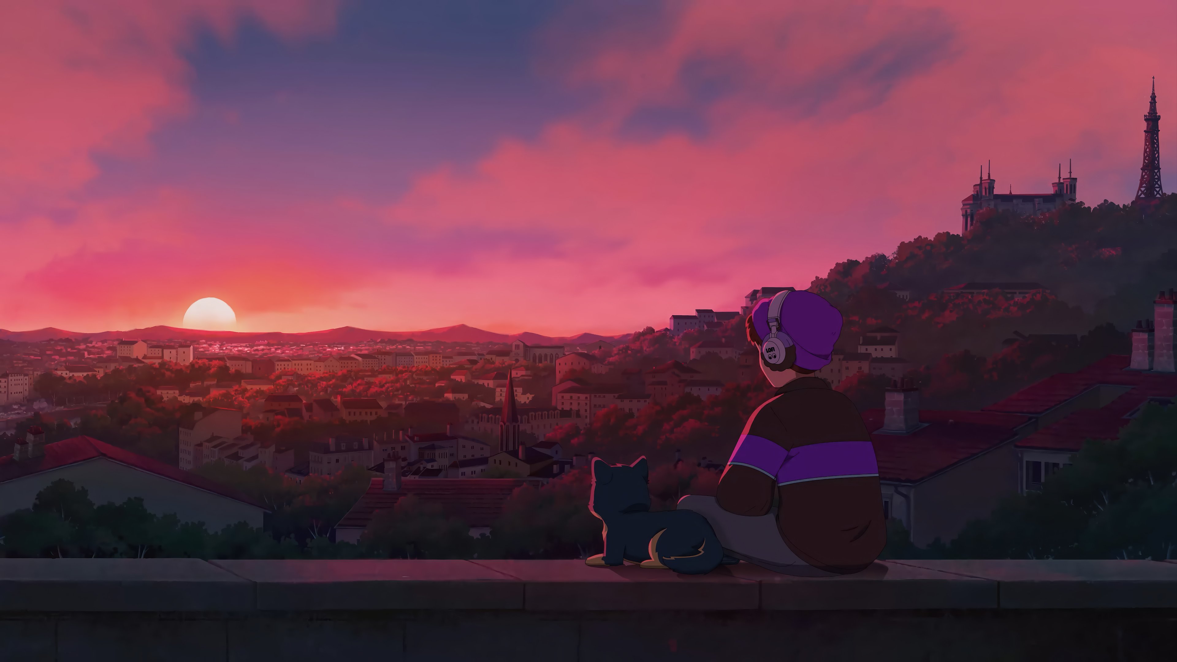3840x2160 Lofi Boy Cat Sunset Wallpaper 4K HD PC f