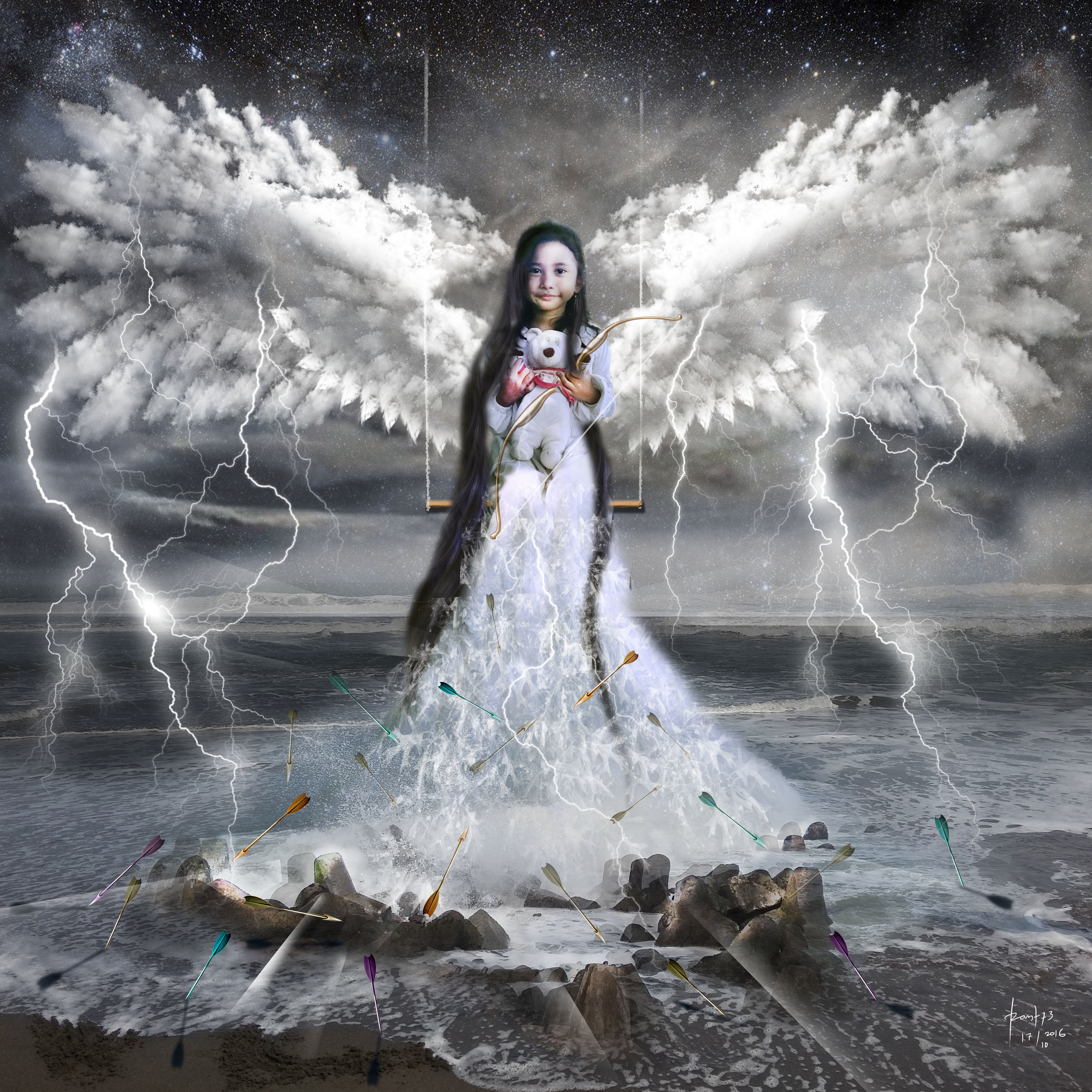 4800x4800 Download wallpaper 4800x4800 child, angel, surrealism, cupid, swing, toy, art HD background