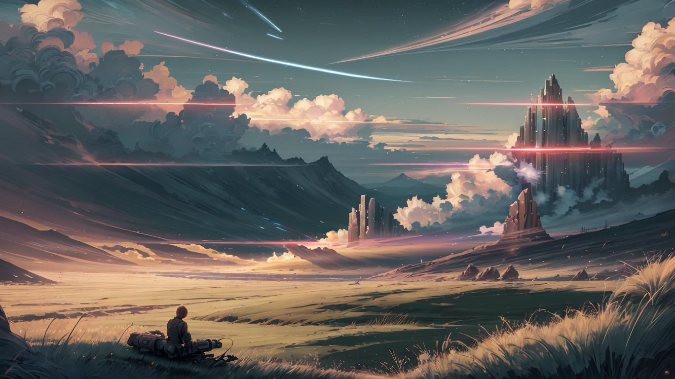 1368x768 Anime landscape with a man sitting on a rock looking at the sky