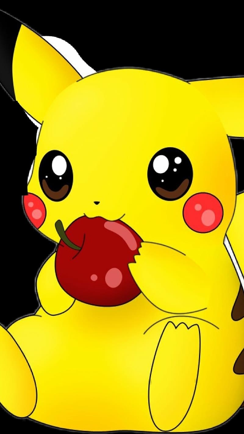800x1423 Pikachu Eating Apple, pikachu, apple, HD phone wallpaper
