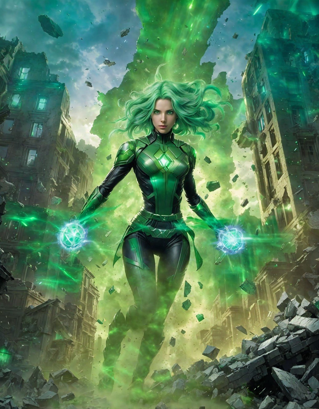 1216x1560 Female superhero with green energy powers in rubble. Deep Dream Generator