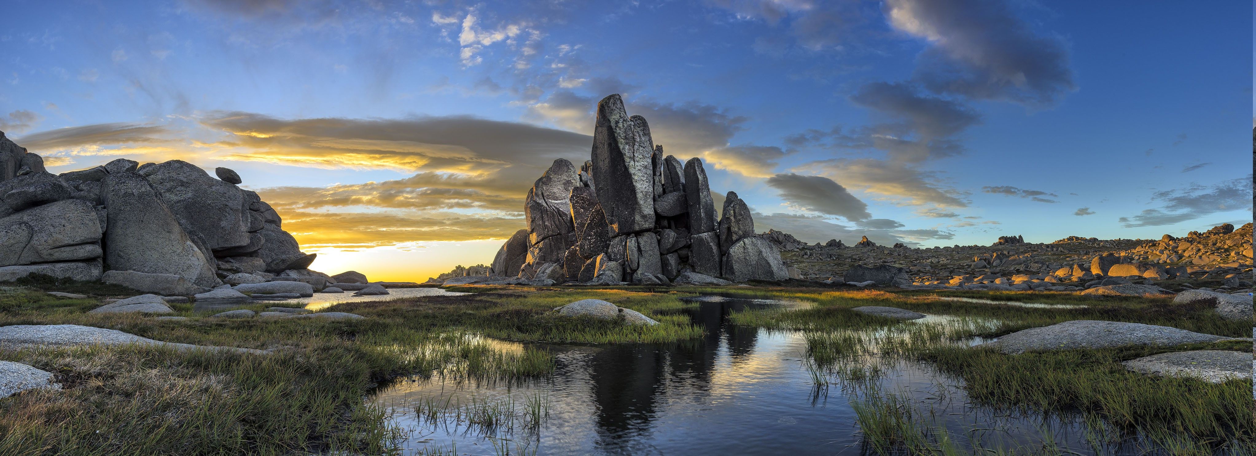 4090x1486 Australia, Nature, Sky, Rock, Pond, Landscape, Sunrise, Water, Grass, Morning, Clouds, Panoramas Wallpaper HD / Desktop and Mobile Background