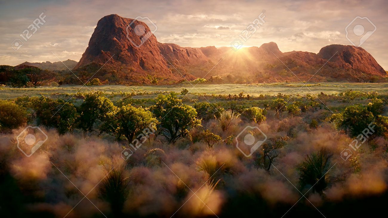 1300x731 Wild Nature Of Australia Landscape At Sunset Scenery Art Illustration. Australian Eucalyptus Forest Panoramic Background. CG Digital Painting AI Neural Network Computer Generated Art Wide Wallpaper , Picture and Royalty Free