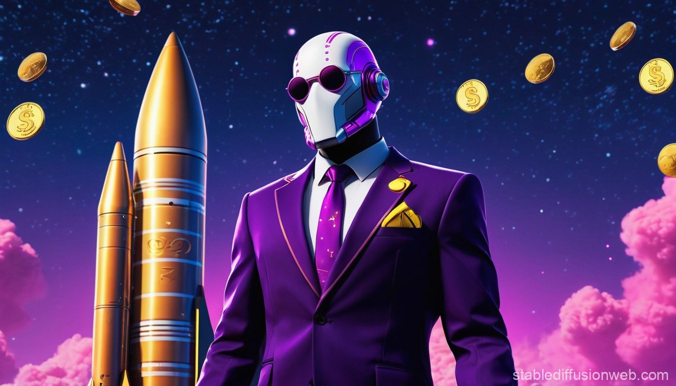 1344x768 Stonks Meme Character with Rocket and Golden Coins. Stable Diffusion Online