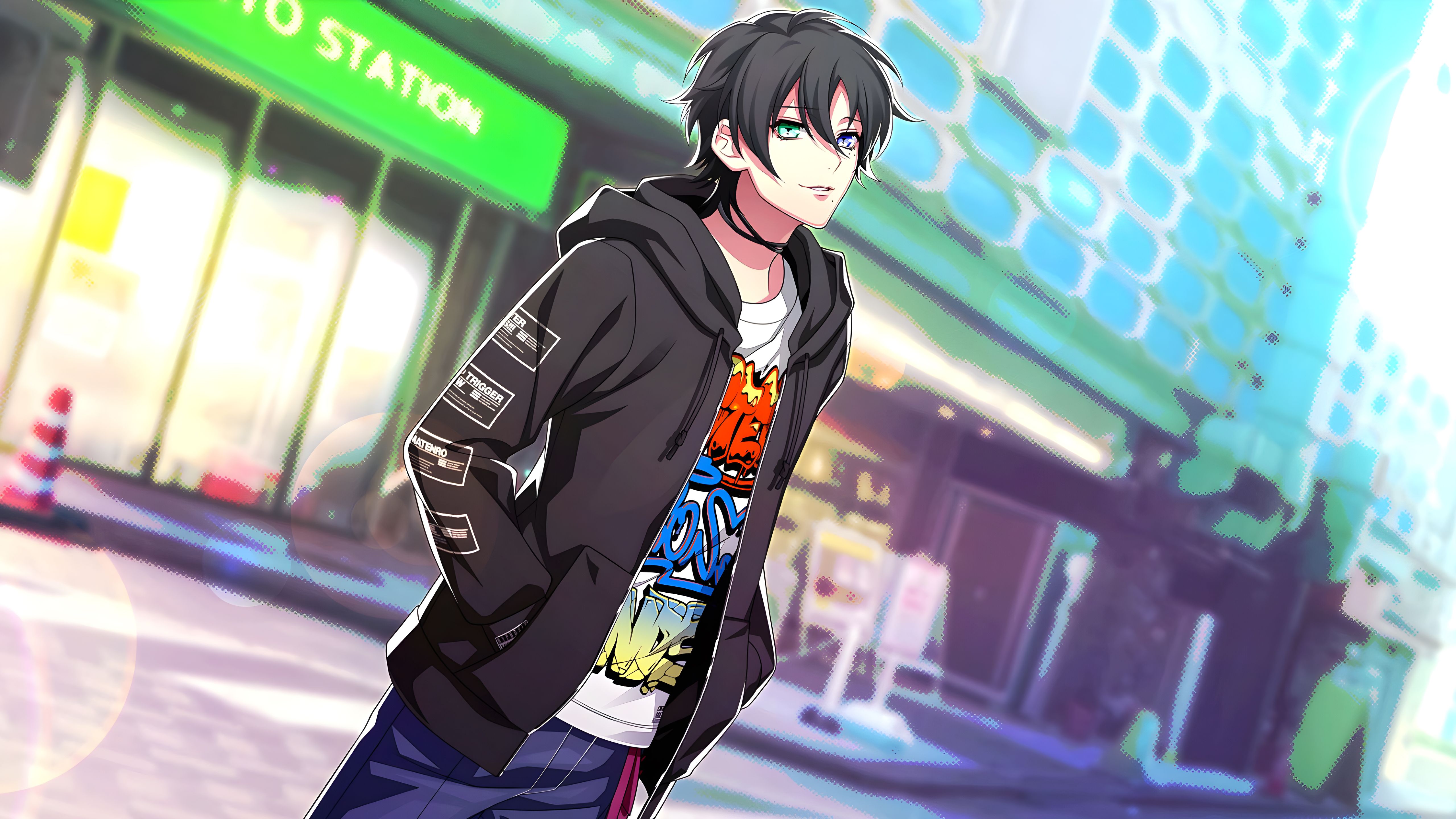 5120x2880 Blue Eyes Anime Boy With Black Overcoat Standing In Building Background 4K 5K HD Anime Boy Wallpaper