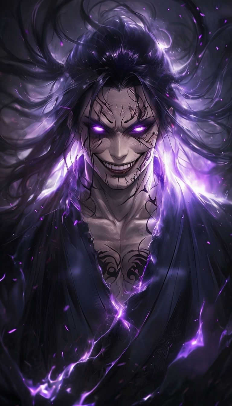 768x1344 Sinister Dark Fantasy Anime Character with Glowing Purple Eyes Mobile Wallpaper