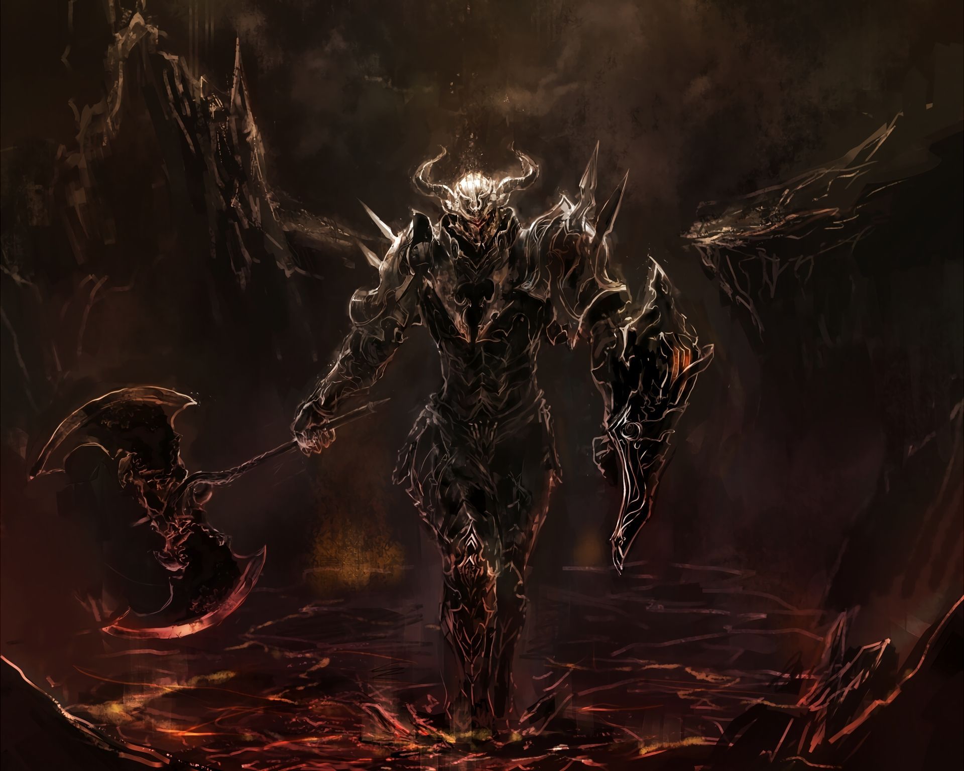 1920x1536 Desktop wallpaper: Warrior, Dark, Fantasy, Demon, Weapon 4K free download for PC. 552721