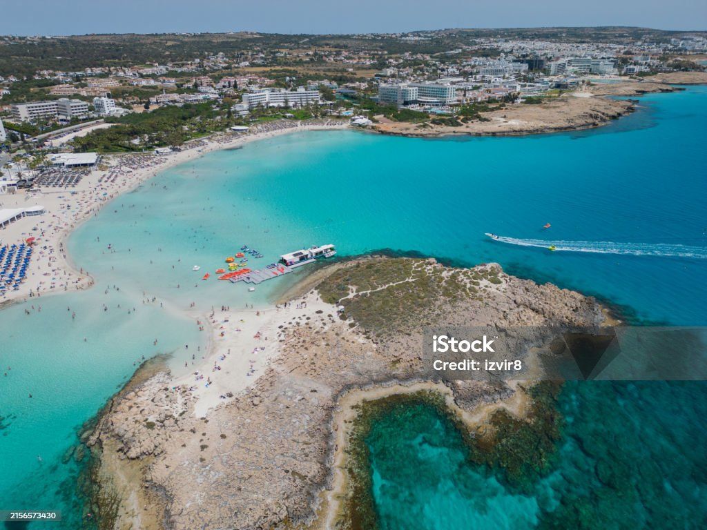 1024x768 Speedboat At Nissi Beach Aerial View Towards Ayia Napa Cyprus Coastline Image Now