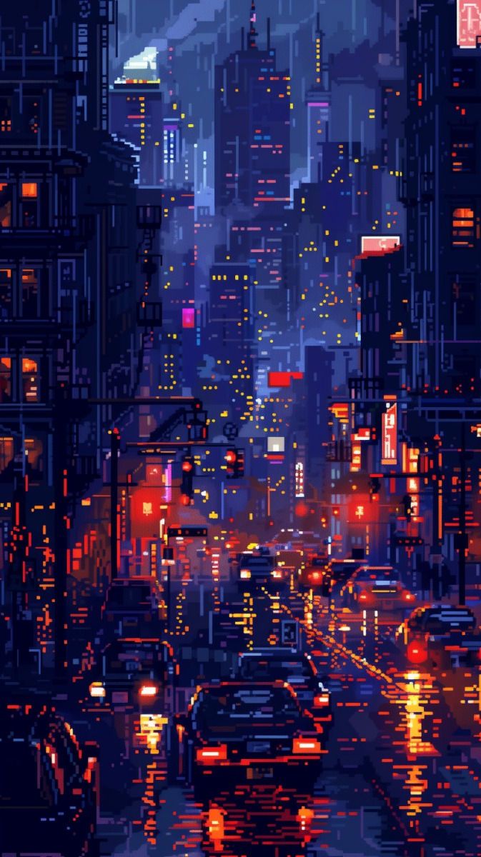 673x1200 Pixel Art City Wallpaper 2