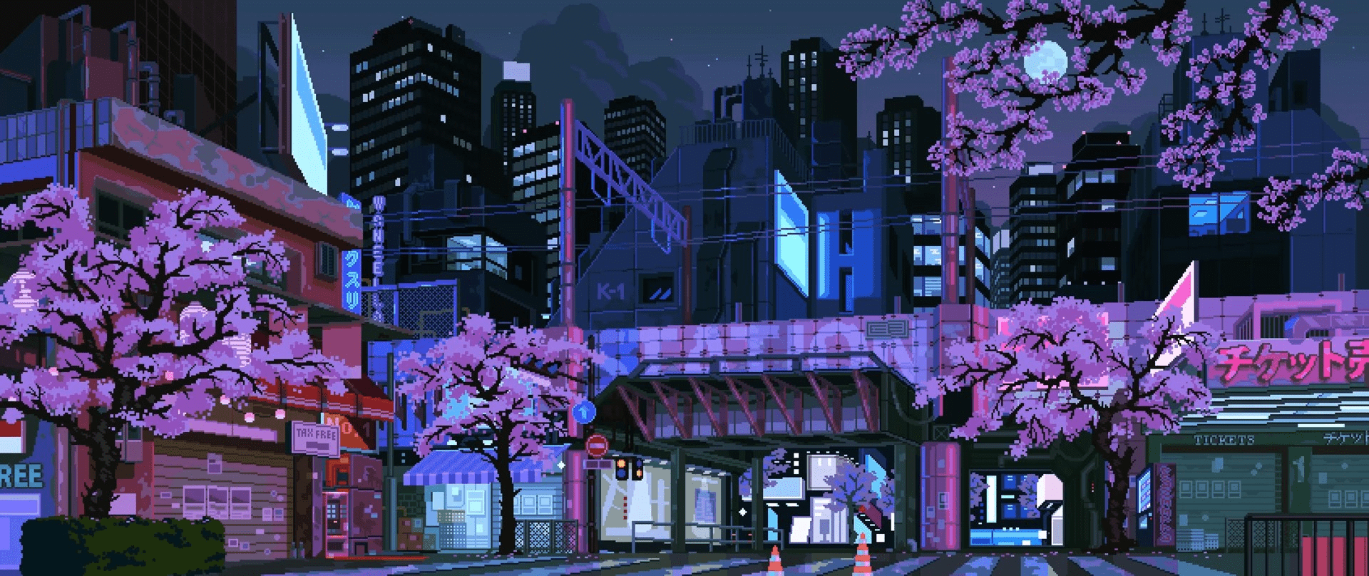 1920x808 Pixel City Aesthetic Desktop Wallpaper