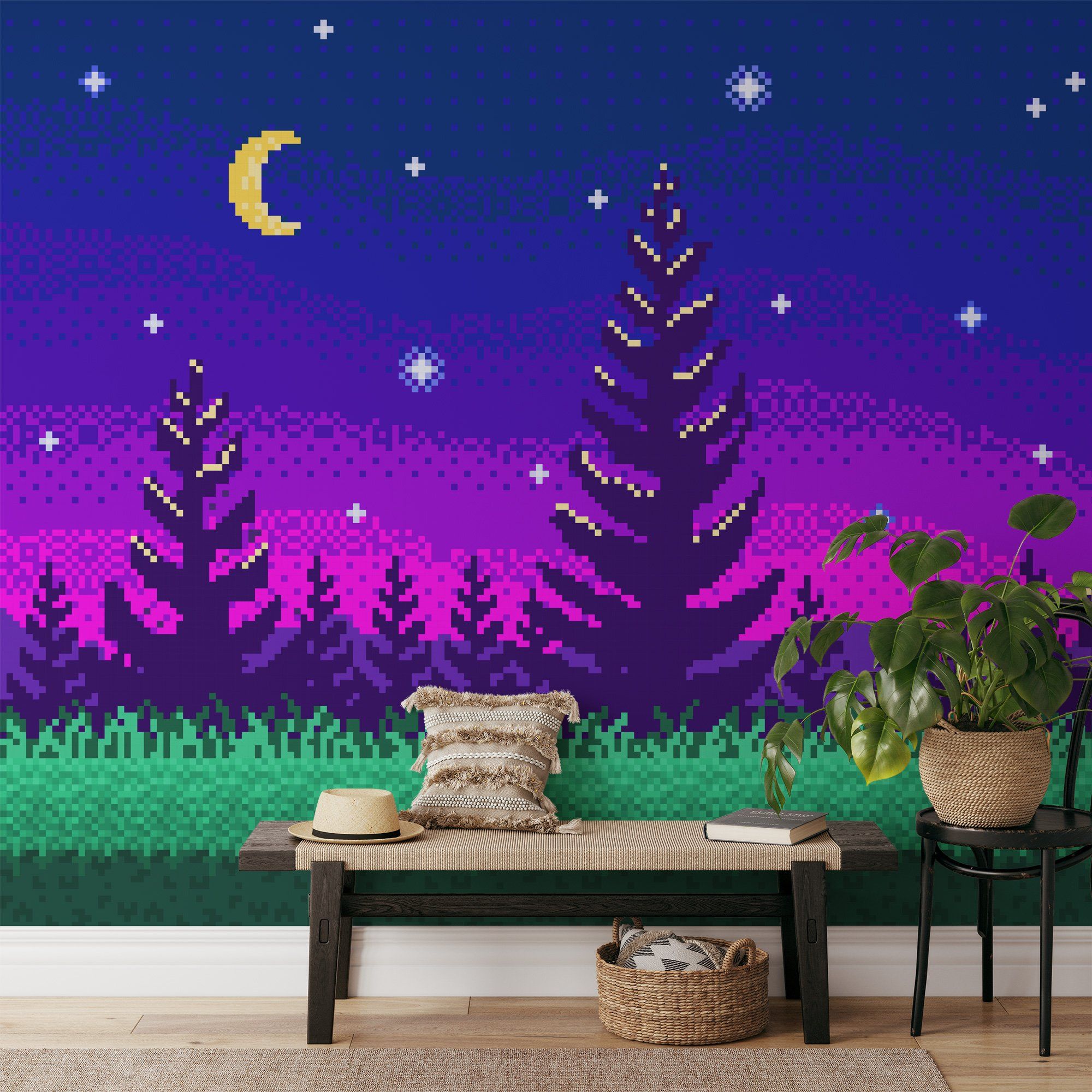 2000x2000 Pixel Art Night Trees With Purple Gradient Background Wallpaper, Pixelated Starry Night Forest Peel & Stick Wall Mural