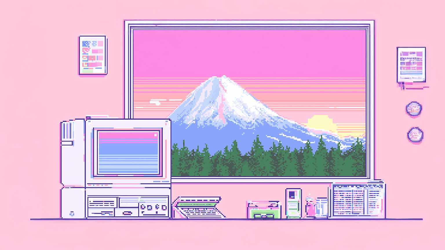 1536x864 Pixel Art Mount Fuji Pink Vibrant 8bit Room Desktop Wallpaper