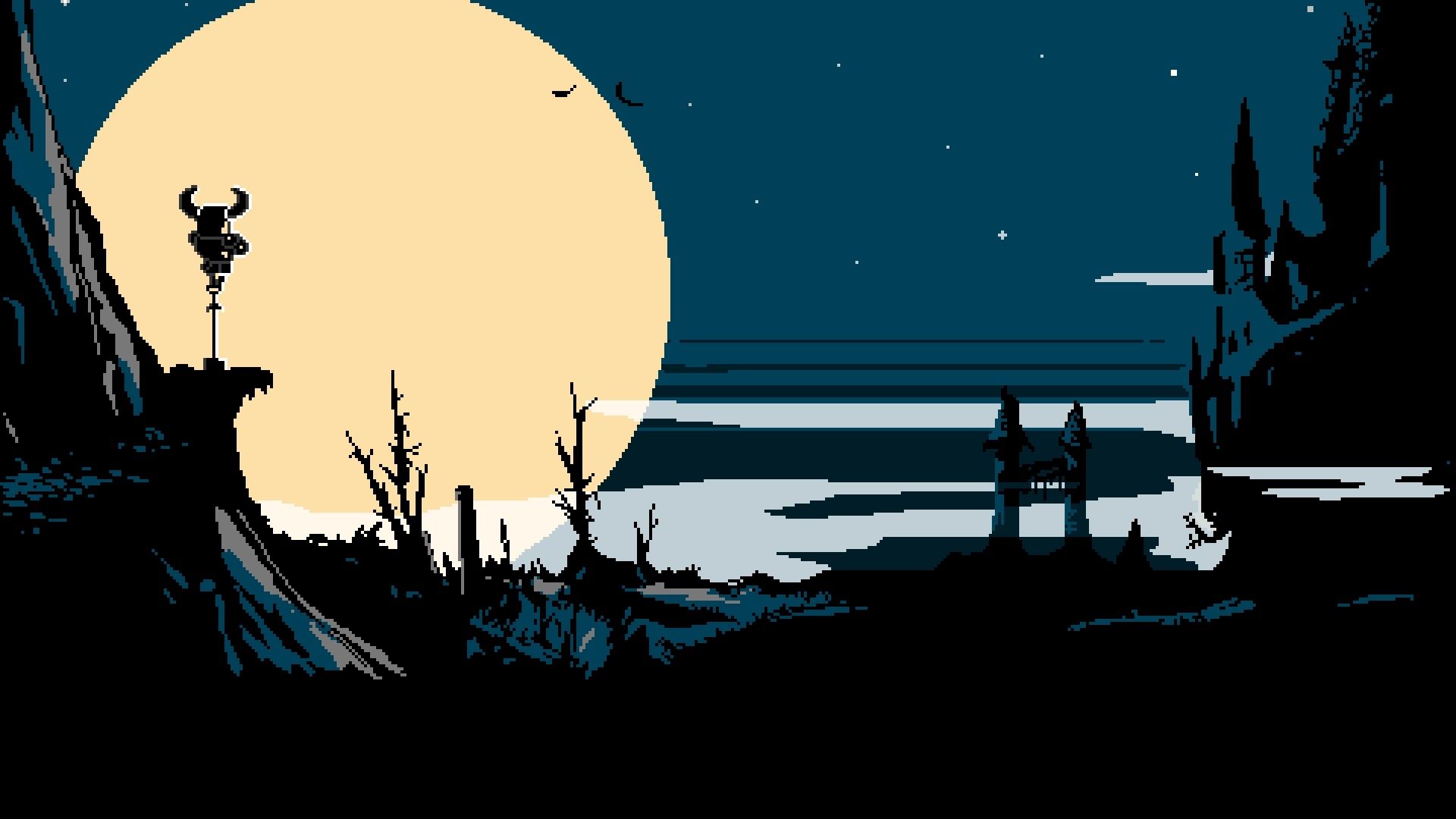 1920x1080 digital art, Pixel art, Pixelated, Pixels, Nature, Landscape, Shovel Knight, Video games, Night, Moon, Hills, Stars, Branch, 8 bit, Retro games Wallpaper HD / Desktop and Mobile Background