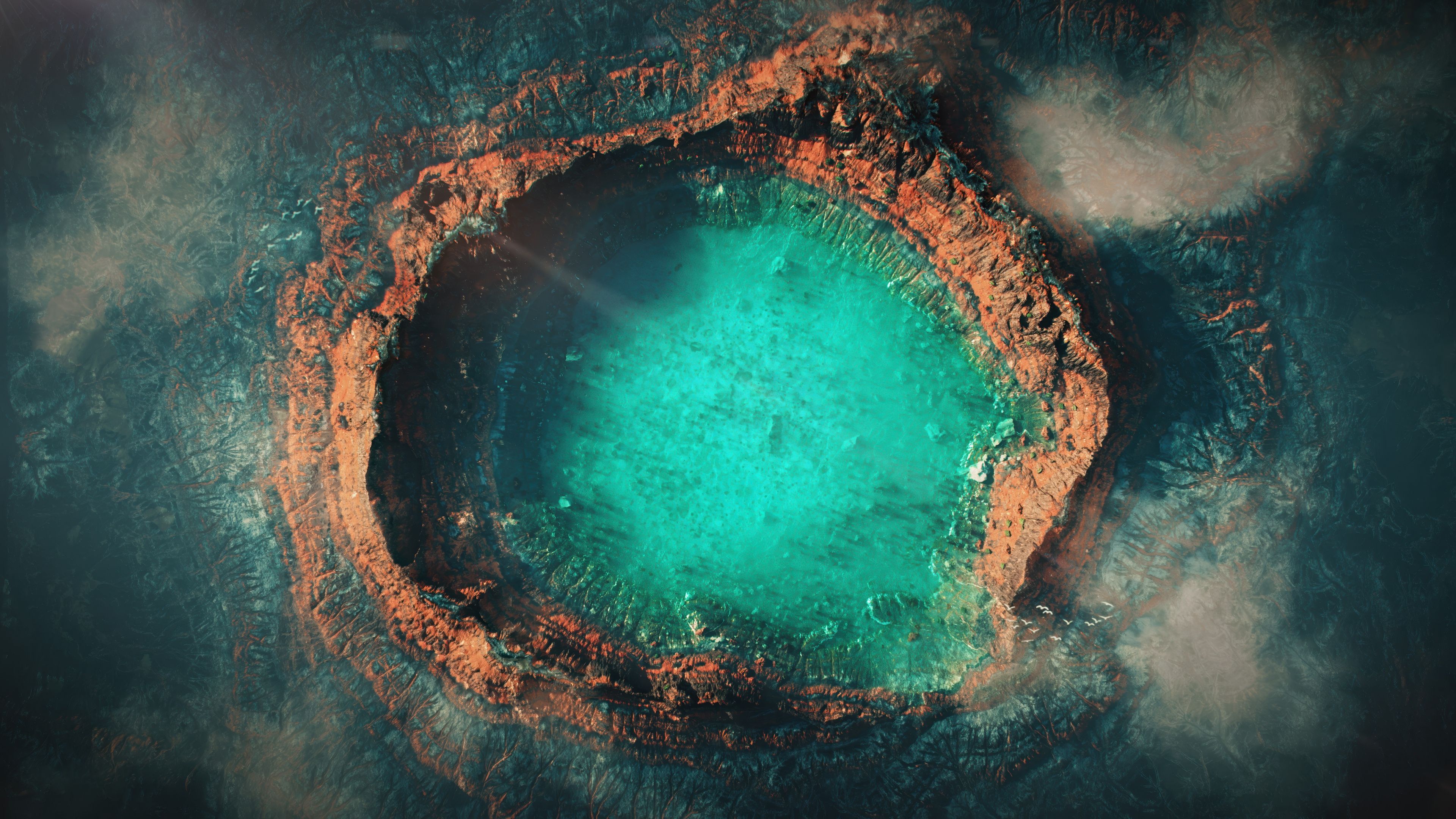 3840x2160 Turquoise water Wallpaper 4K, Crater, Aerial view, Lava Cave