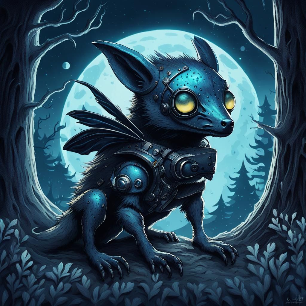 1024x1024 Baby Chupacabra Chupacabra in Spooky Forest, Dark Fan