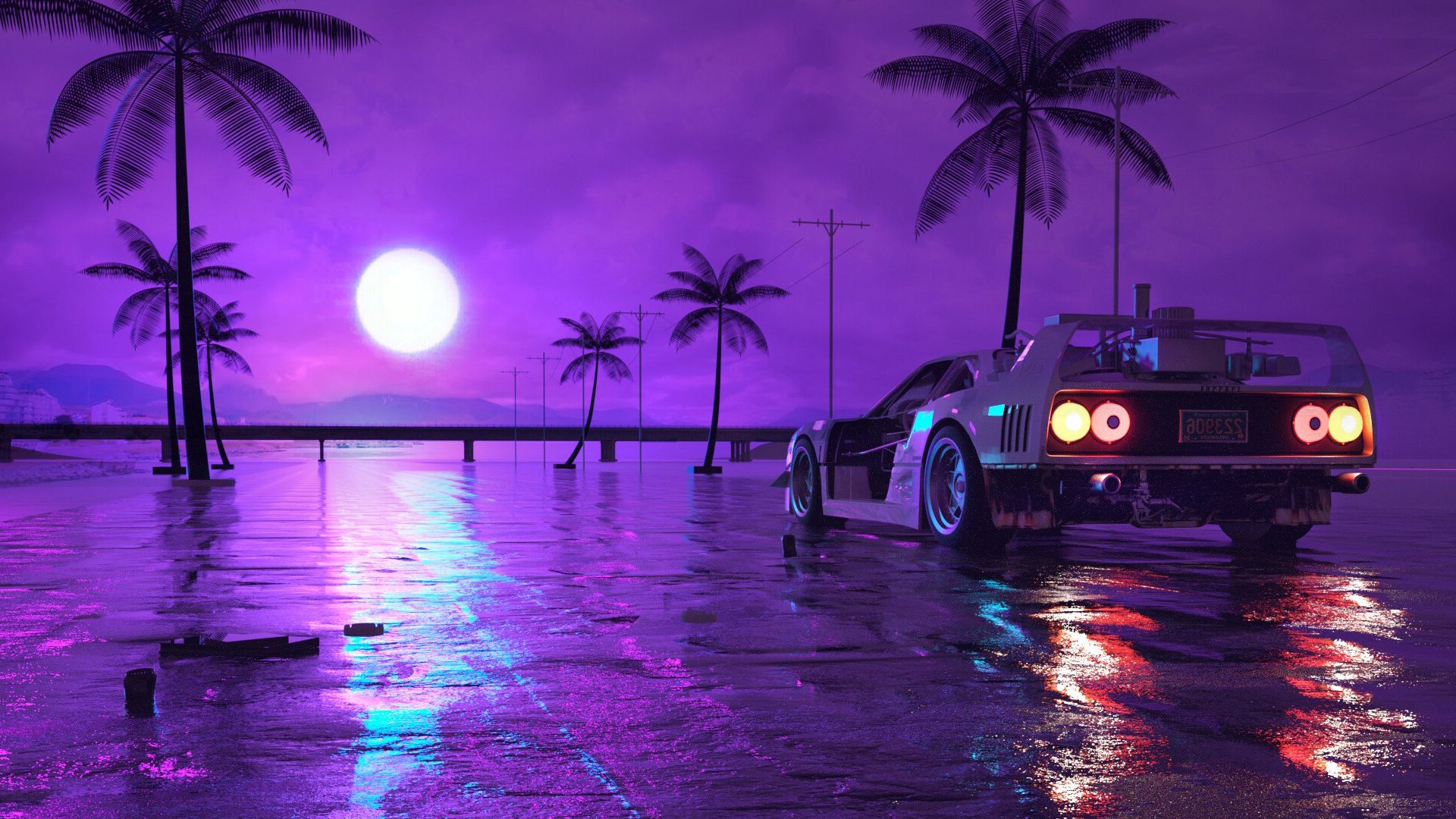 1920x1080 Wallpaper Vaporwave, Cars, Audi rs 2 Avant, Synthwave, Water, Background Free Image