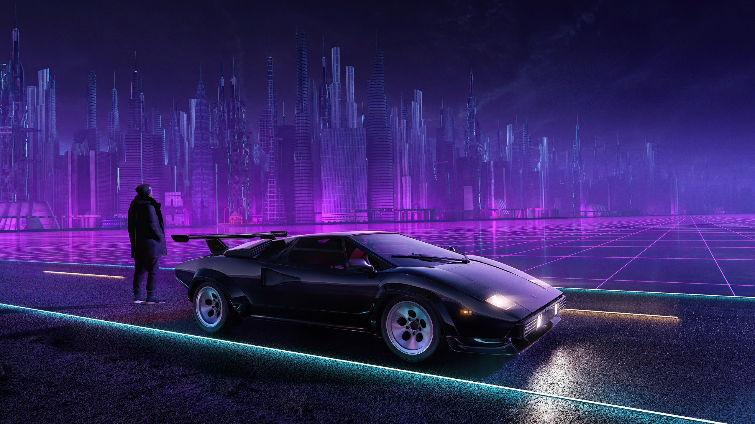 2560x1440 Retropunk Lamborghini Classic Car Man On Road Vaporwave 4K HD Vaporwave Wallpaper