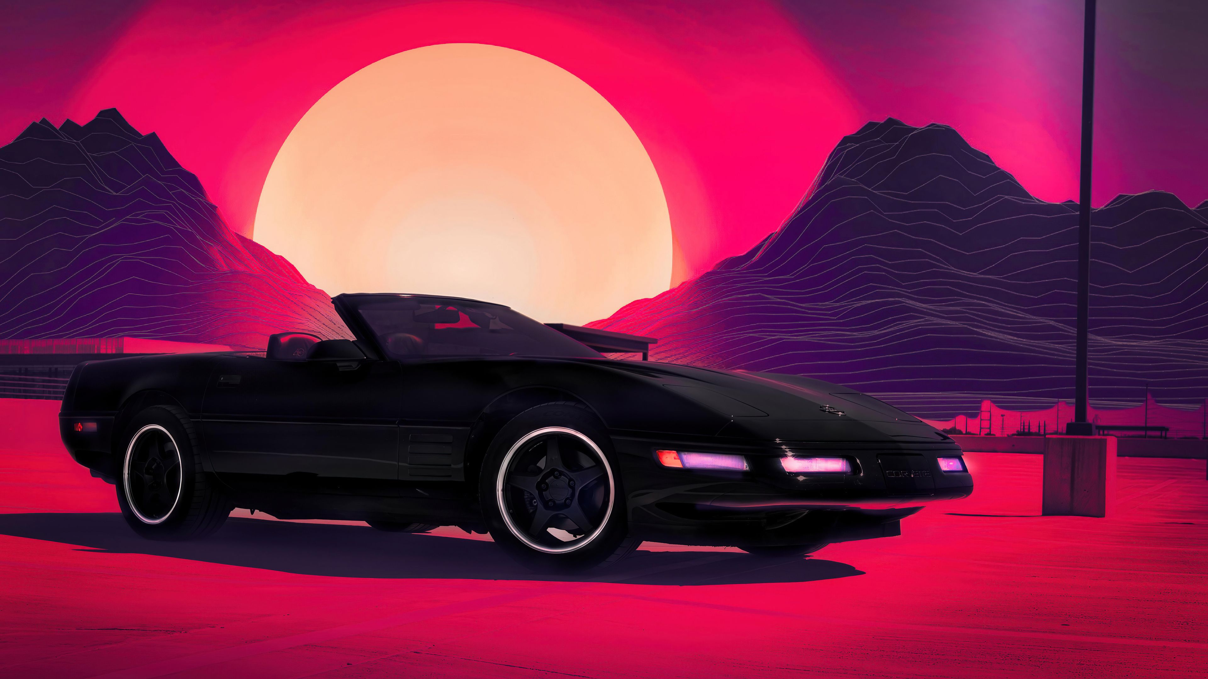 3840x2160 Black Car In Moon Background 4K HD Vaporwave Wallpaper