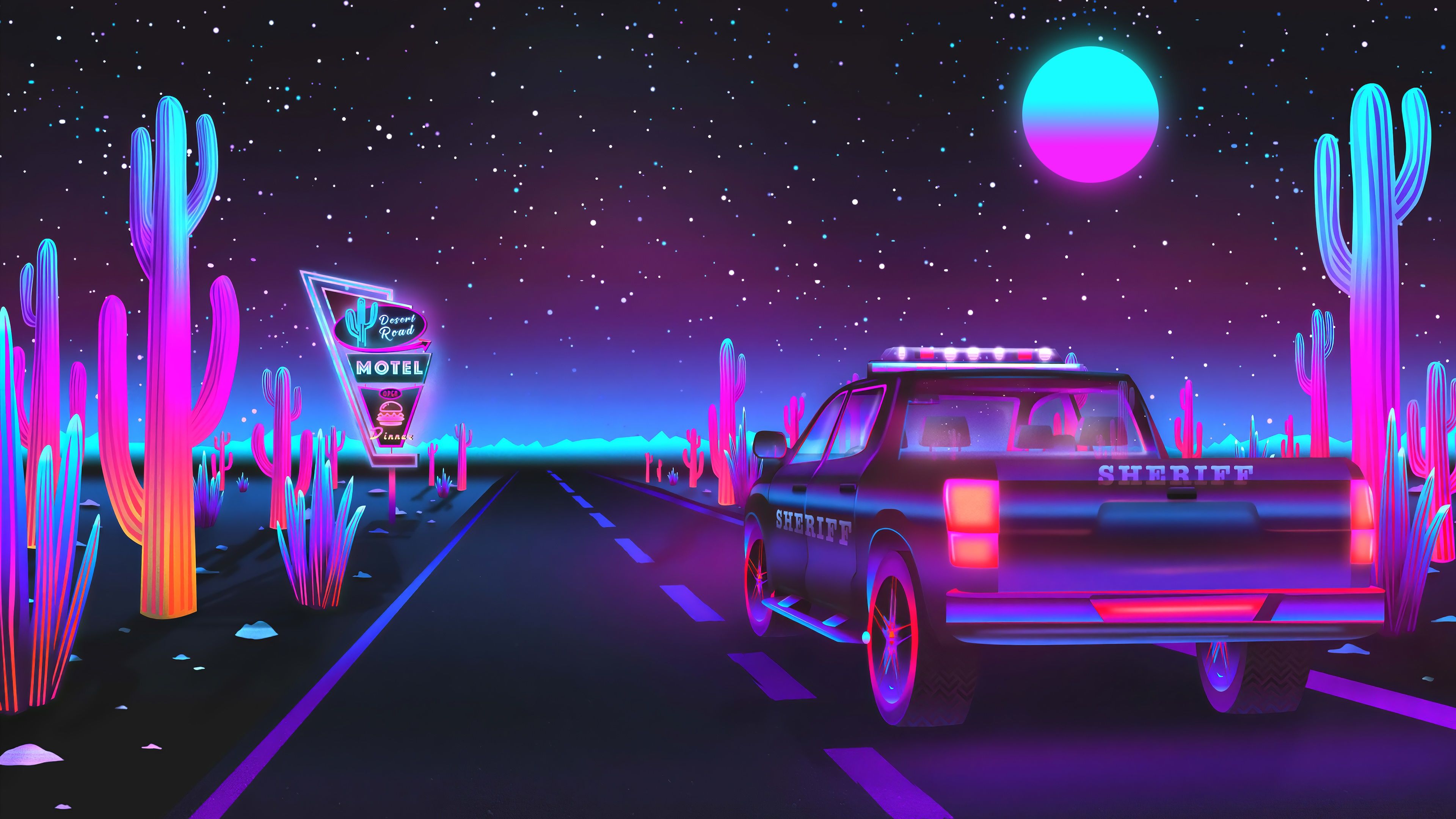 3840x2160 Vaporwave Sheriff Car