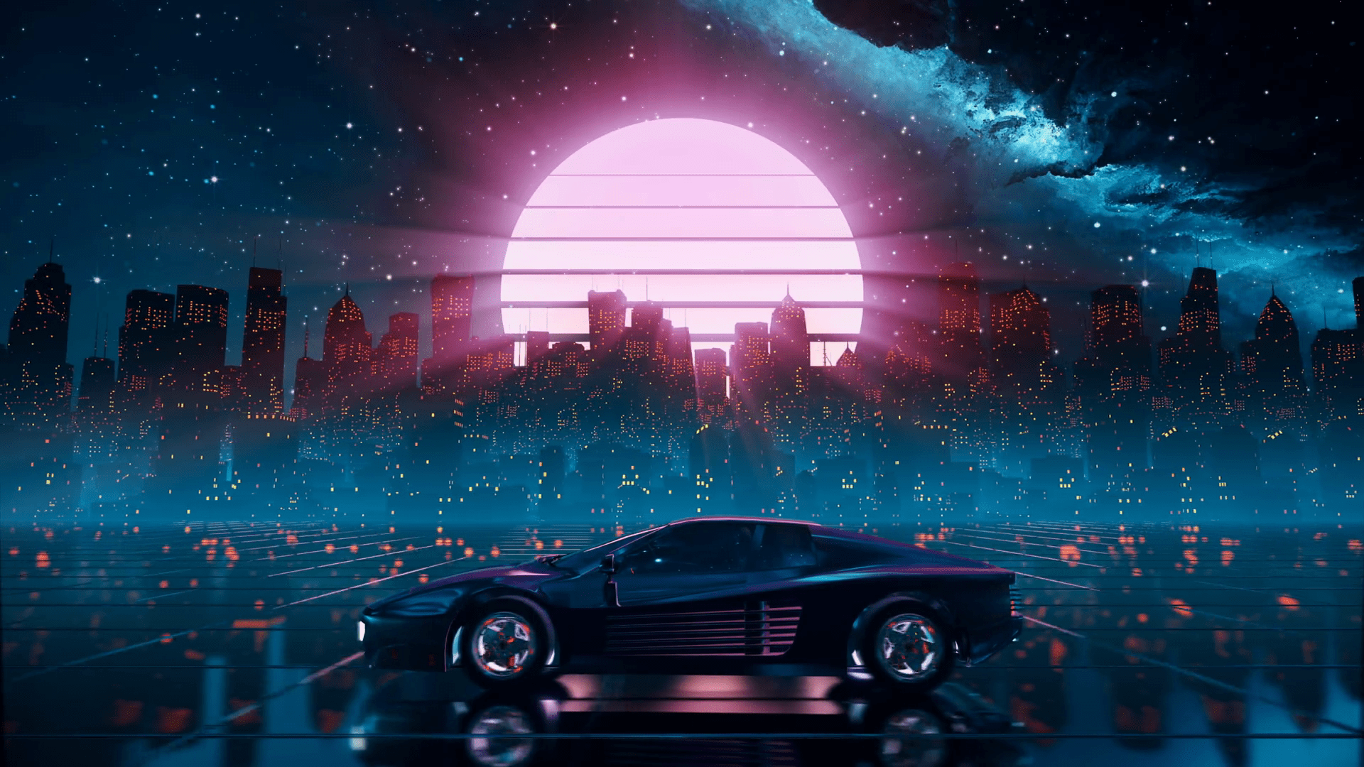 1920x1080 80s Retro Futuristic Drive Seamless Loop With Vintage Car. Stylized Sci Fi City Landscape In Outrun VJ Style, Night Sky. Vaporwave 60 Fps 3D Animation Background For EDM Music Video, DJ Set, Club. 4k