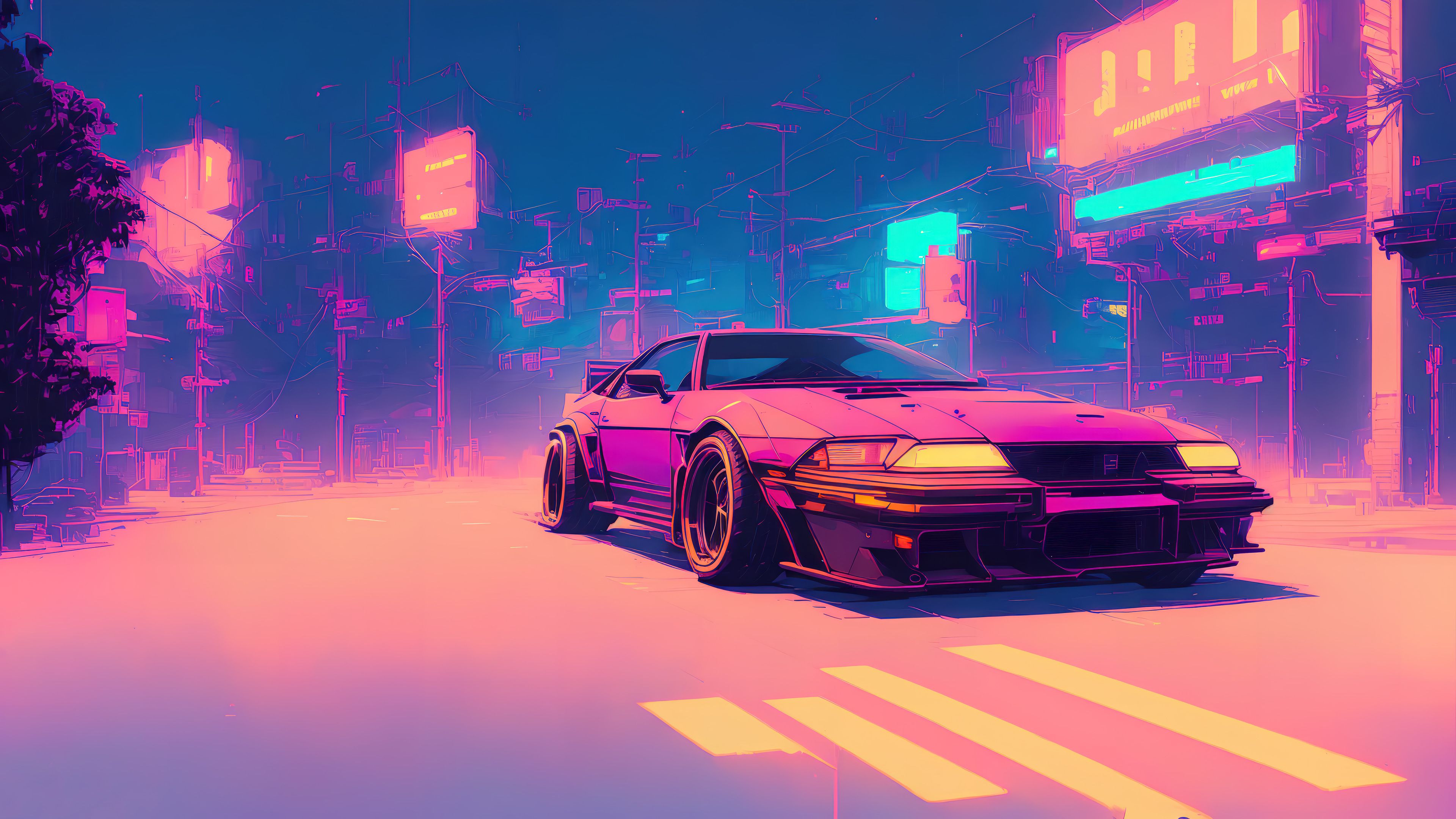 3840x2160 Sports Car Synthwave Vaporwave Wallpaper 4K HD PC k