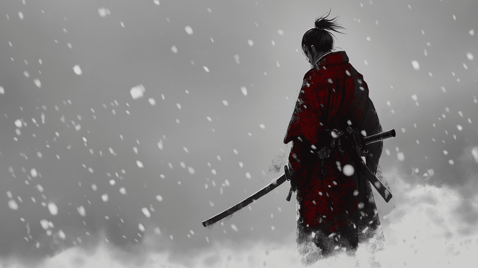 1600x897 Mural Wallpaper samurai. Warrior in red kimono in a snowstorm