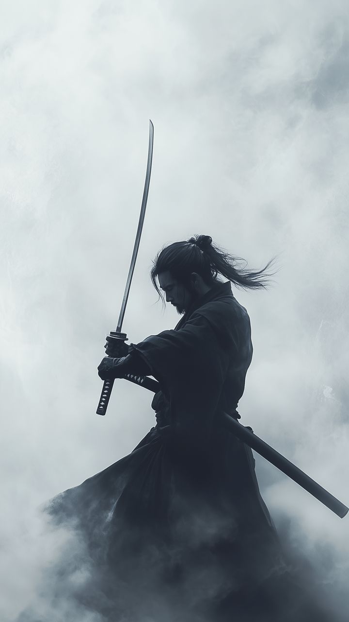 720x1280 free 4K wallpaper samurai, katana, fog, smoke