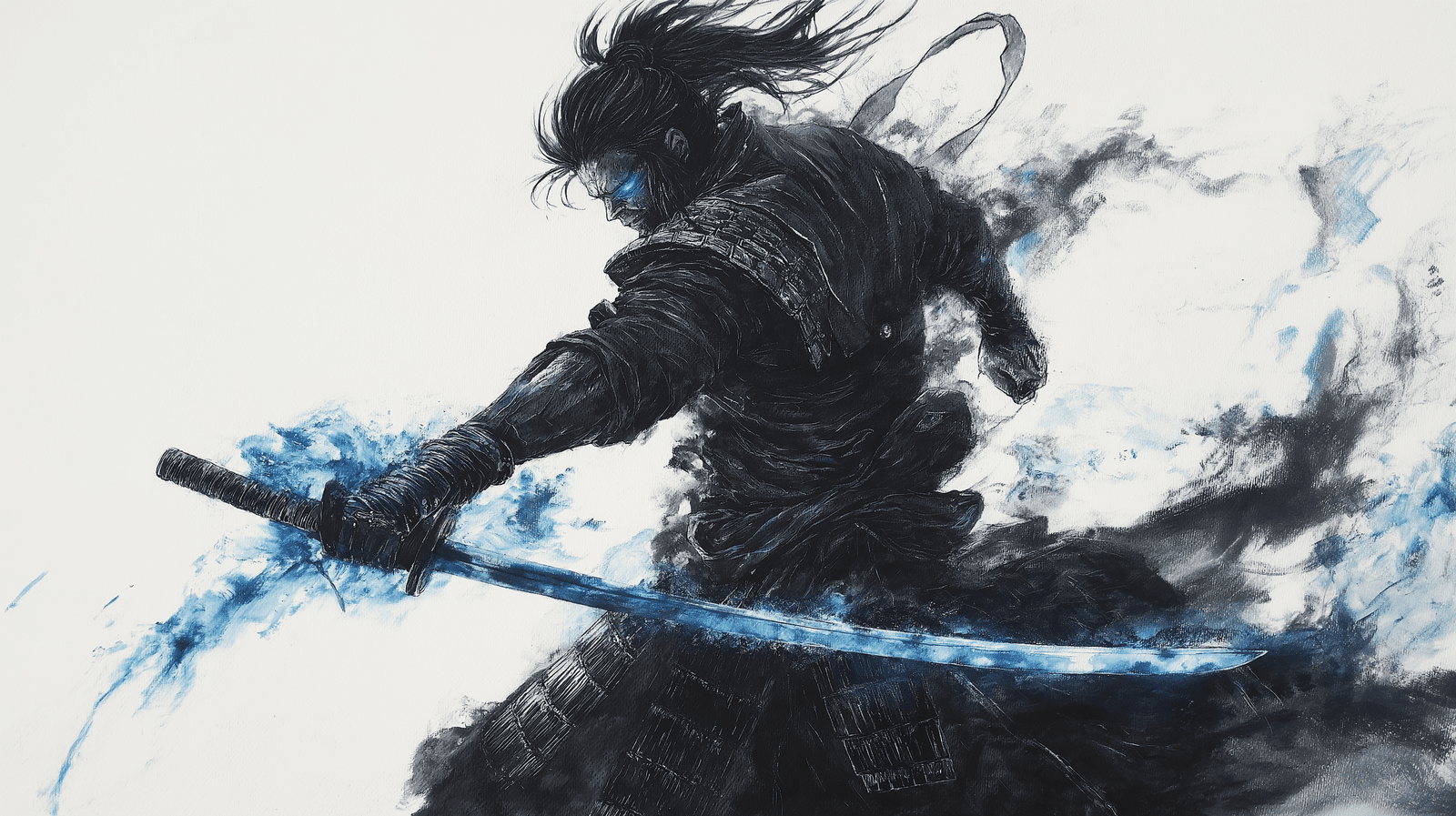 1600x897 Mural Wallpaper samurai warrior. Dynamic samurai with sword and blue