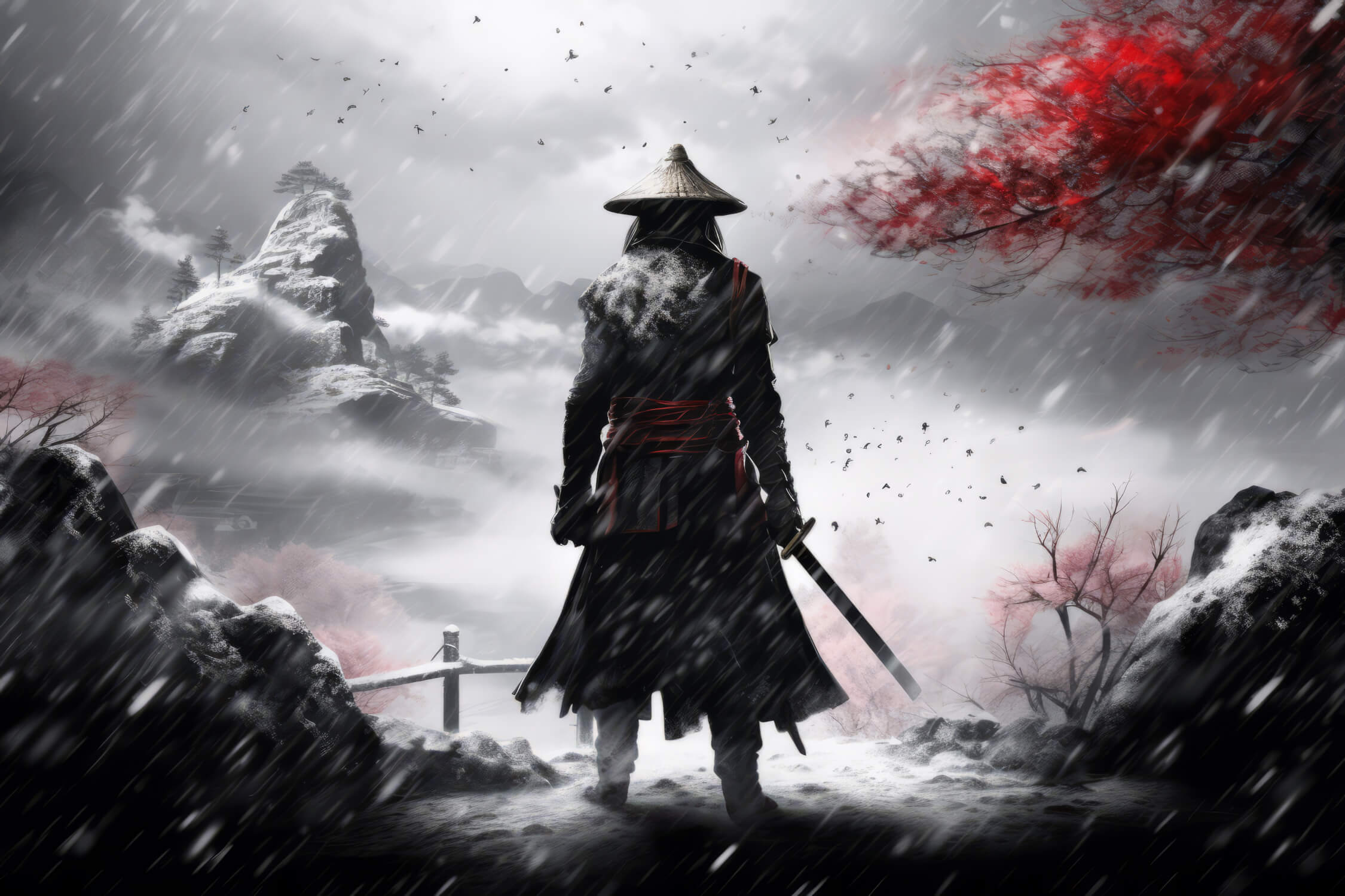 2250x1500 Japanese Mural Wallpaper. Samurai Warrior in Mountain Storm