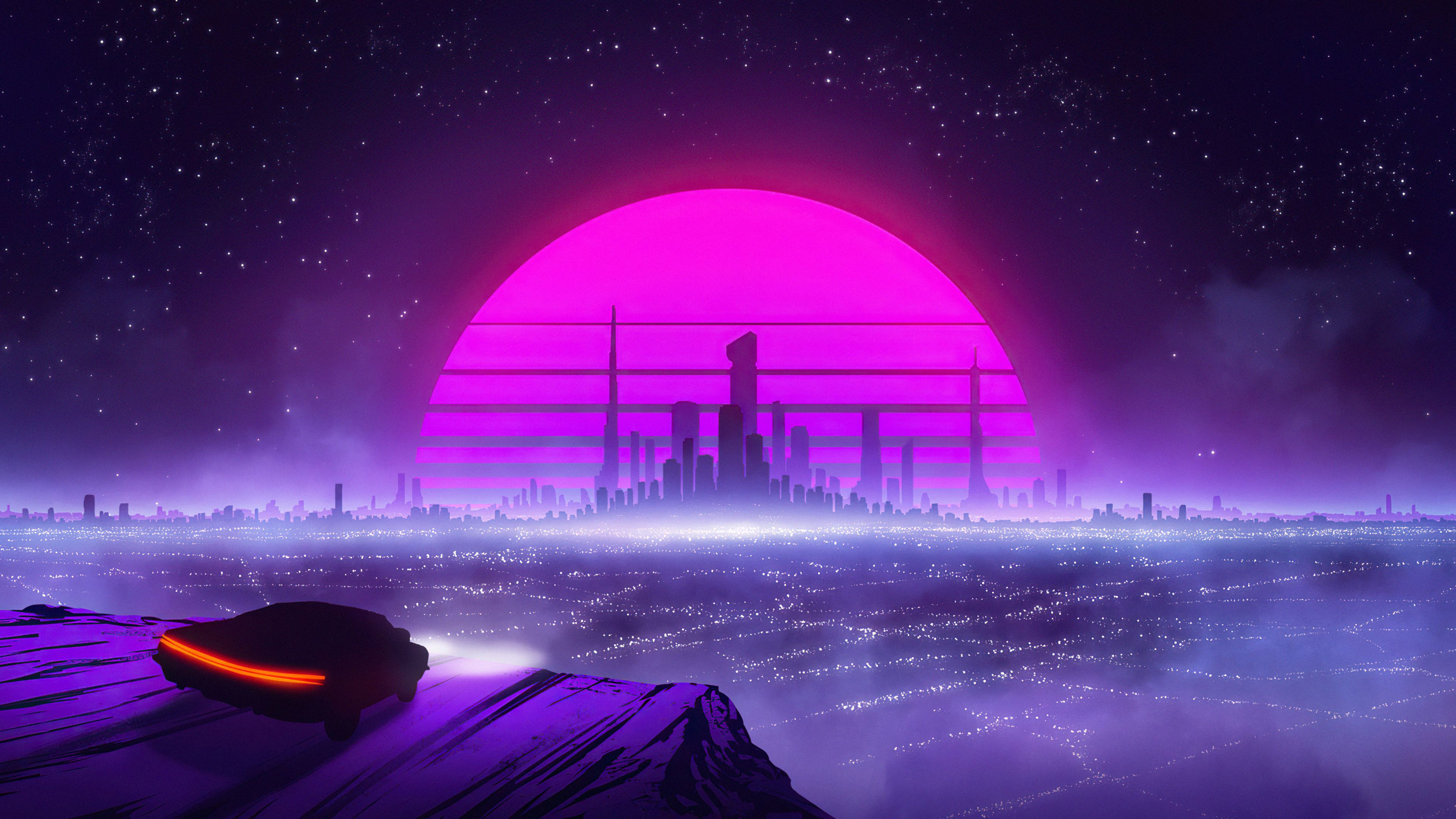 3840x2160 Retro Car Synthwave City Ocean Moon Background 4K HD Vaporwave Wallpaper