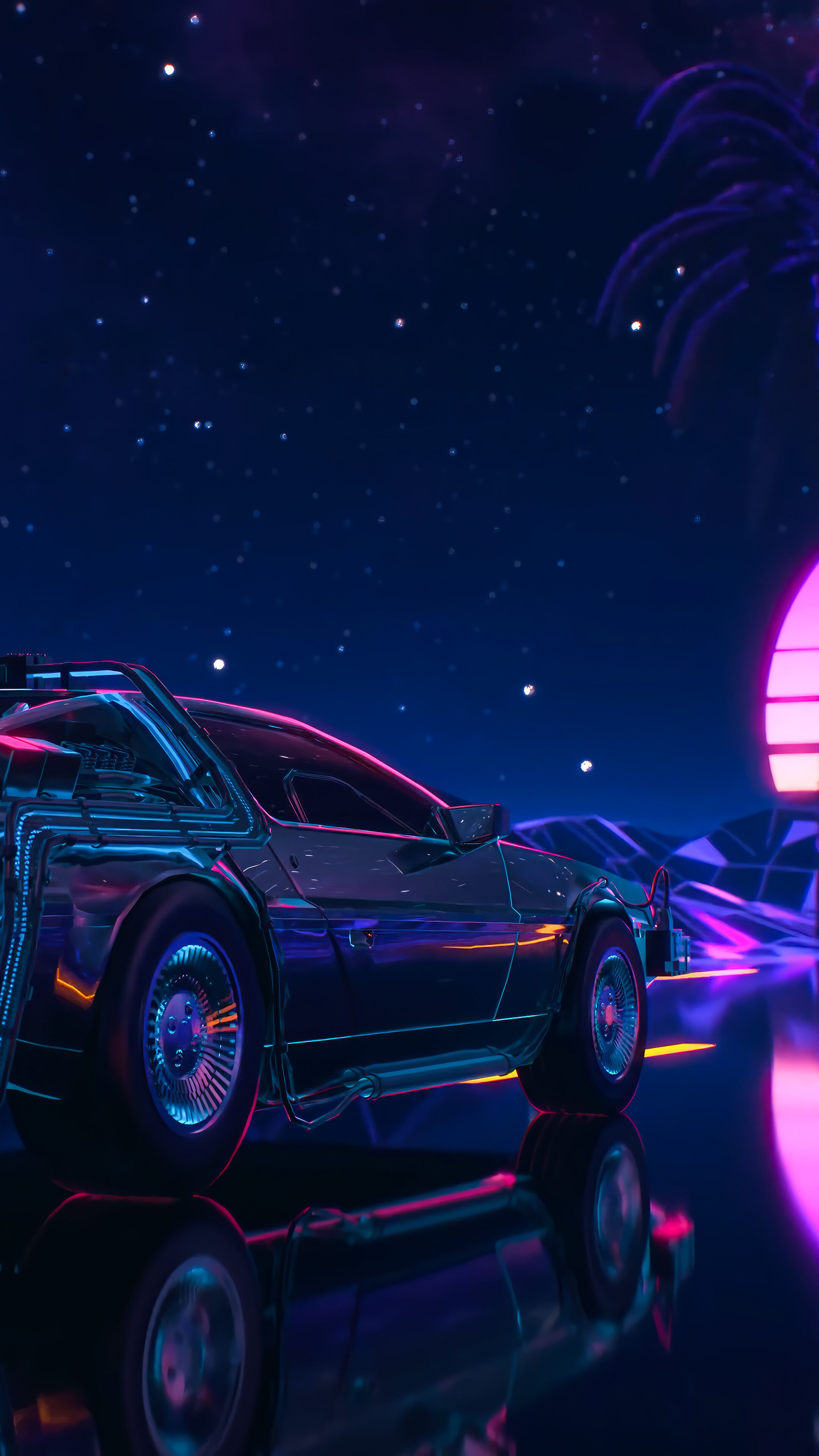 2160x3840 Synthwave Car Sunset Palm Tree 4K Wallpaper iPhone HD Phone i