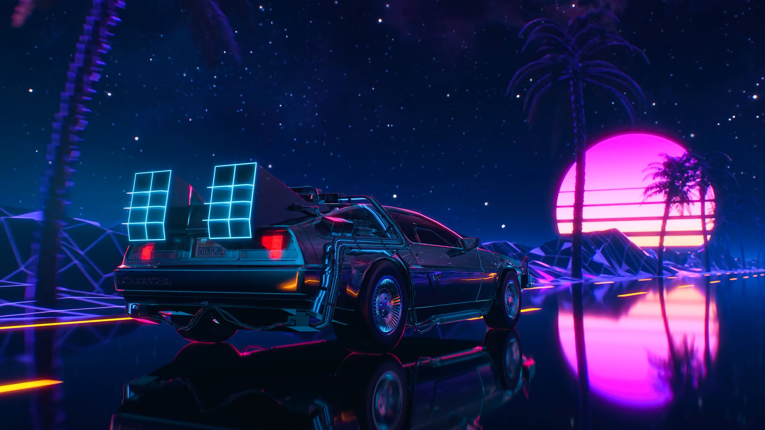 2560x1440 Synthwave Car Sunset Palm Tree Wallpaper 4K HD PC i