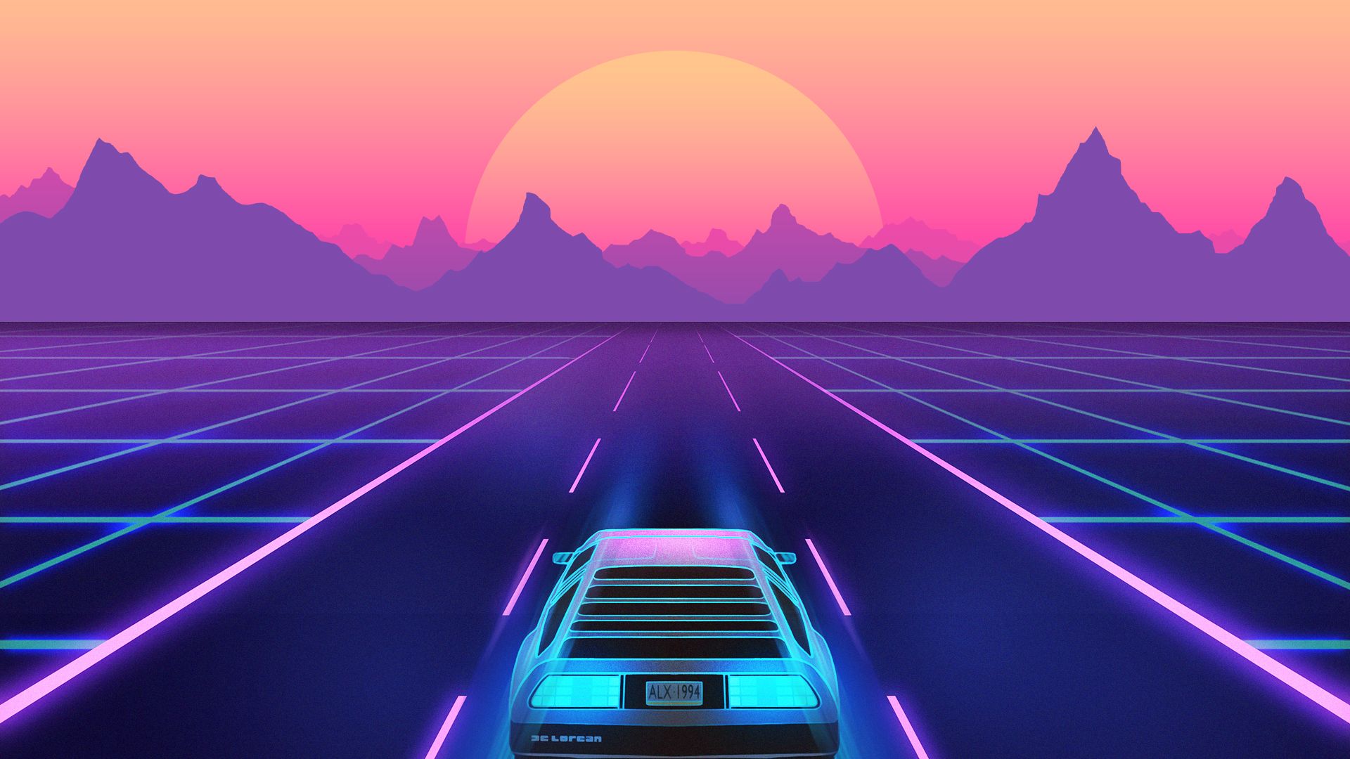 1920x1080 Retro Wave Neon DeLorean Car Sunset Artistic Synthwave HD Vaporwave Wallpaper