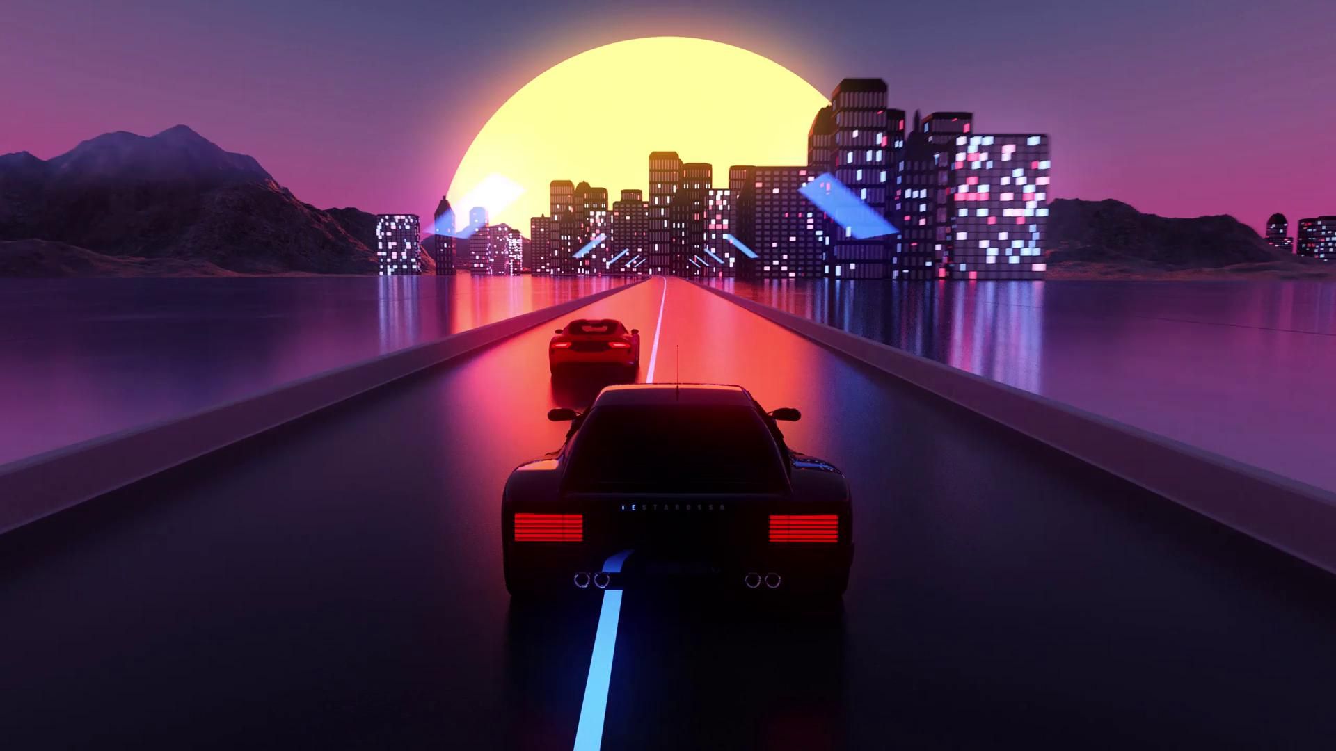 1920x1080 Synthwave Car on Neon Track Live Wallpaper