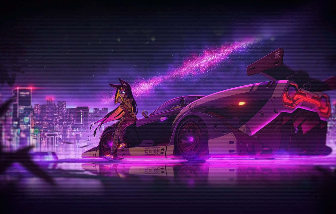 1332x850 Download Synthwave City Girl On Car Wallpaper