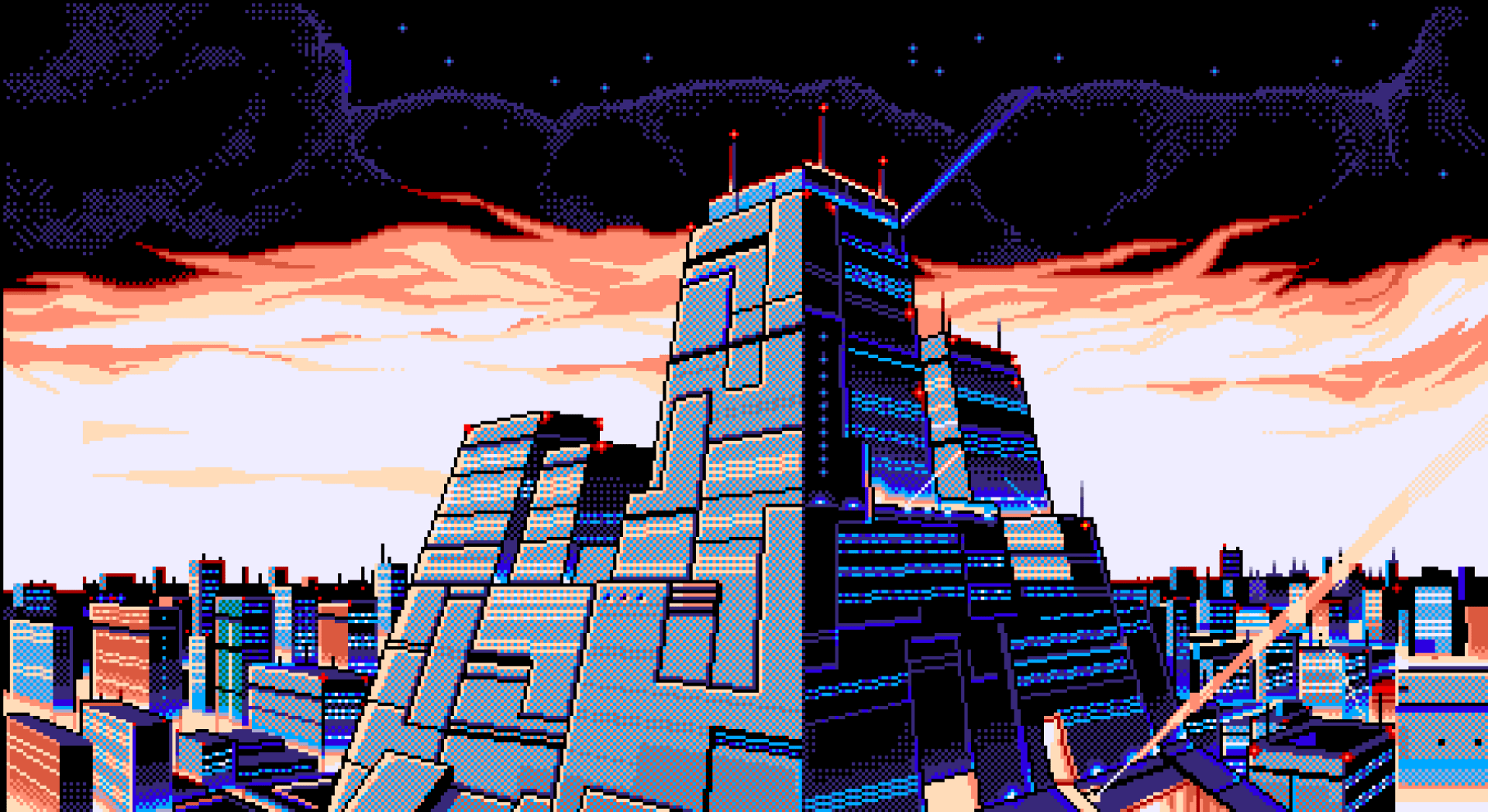 1920x1048 HD Pixel Art Skyline: Artistic Retro Cityscape Wallpaper