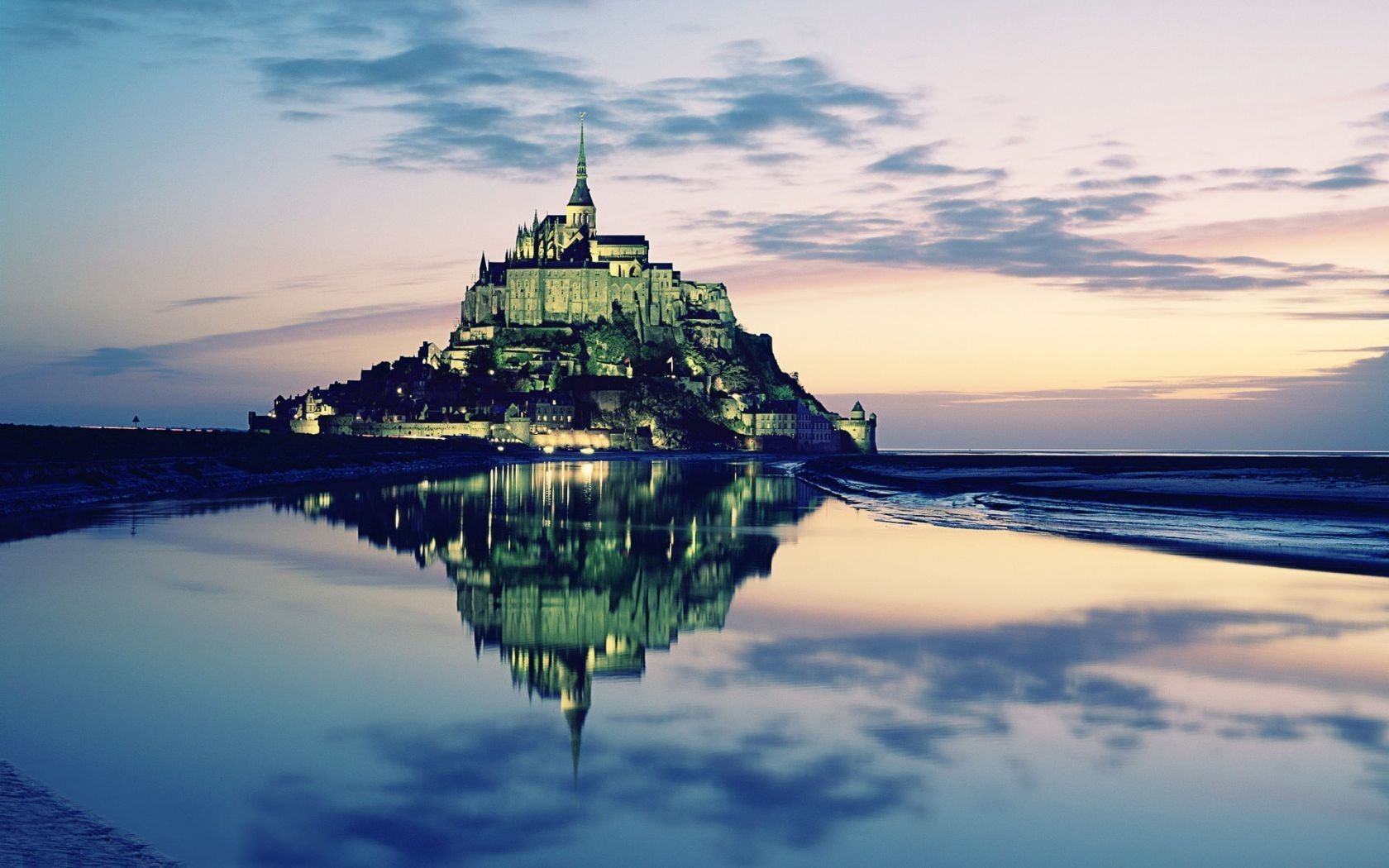 1680x1050 photography, Building, Monuments, Island, Mont Saint Michel, Monastery, Landscape, Church, World Heritage Site, Sunset, Water, Sea Wallpaper HD / Desktop and Mobile Background