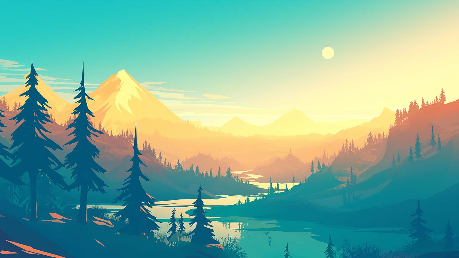 1536x864 Sunset Mountain Valley Desktop Wallpaper