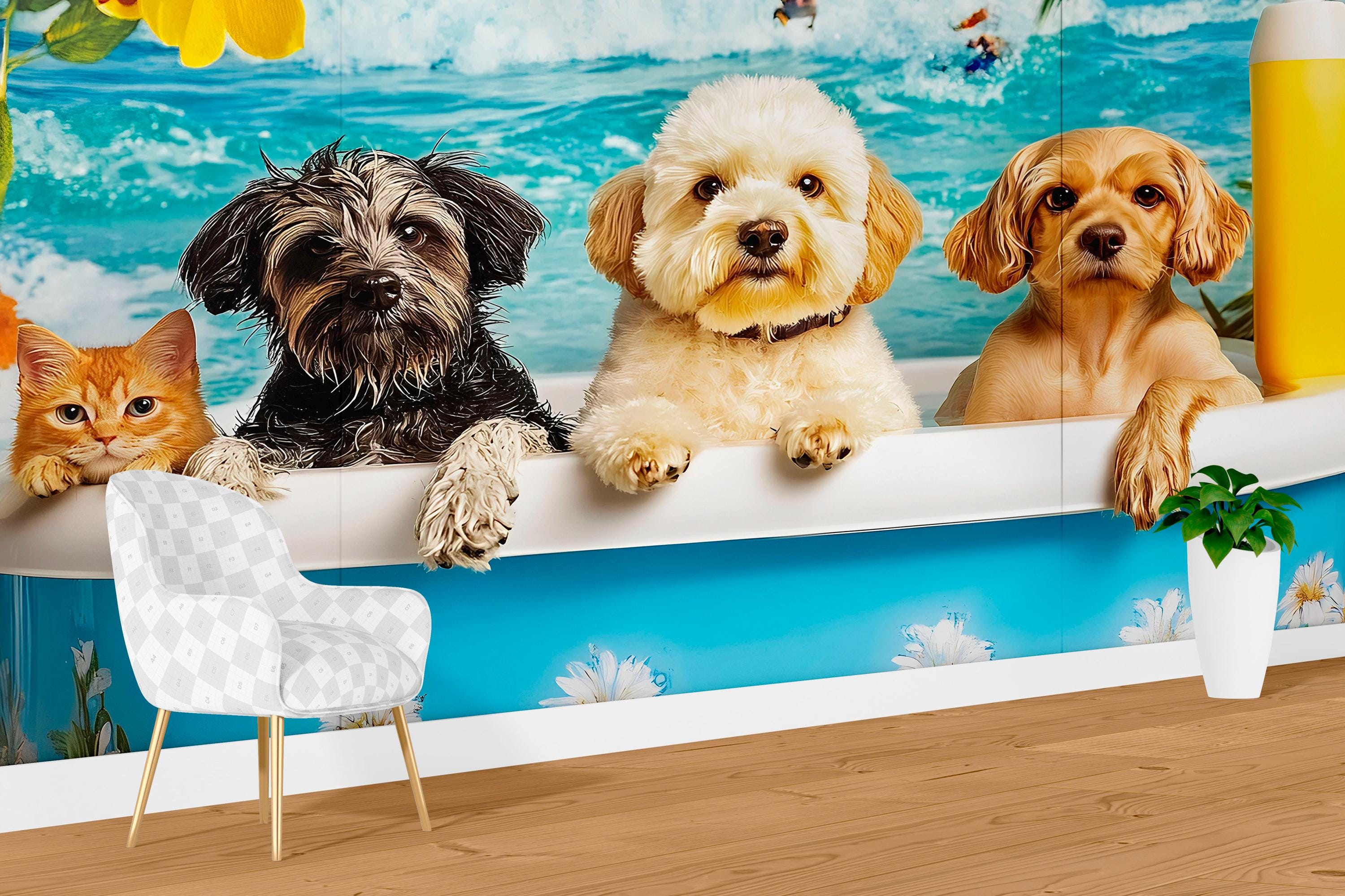 3000x1999 Dog Grooming Salon Wallpaper Pet Spa Decor With Dogs in Bathtub. Cute Cat and Dog Wall Mural for Groomers. Funny Pet Wash Wall Art