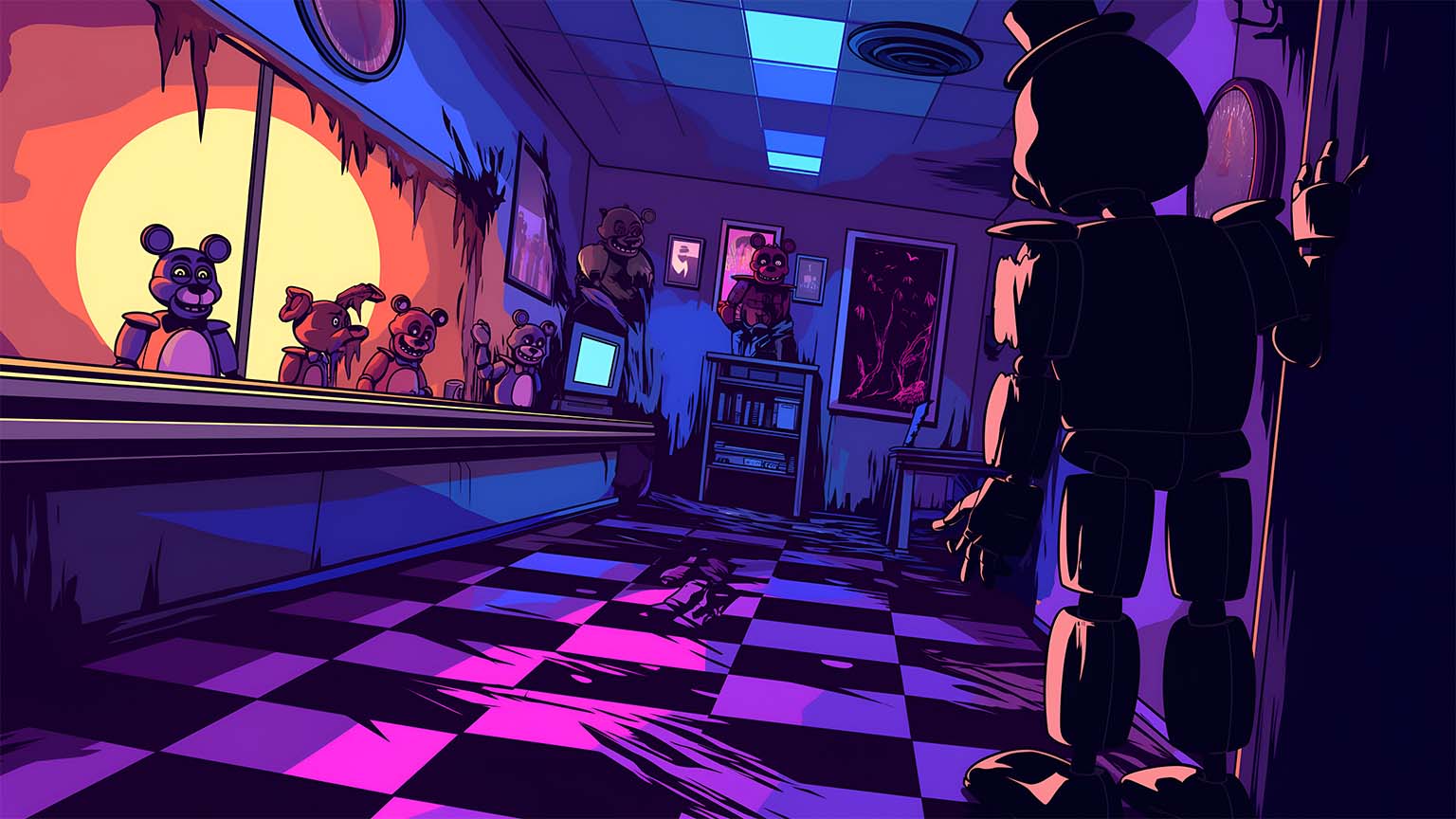 1536x864 FNAF Art Glow Room Spooky Animatronics Desktop Wallpaper 4K