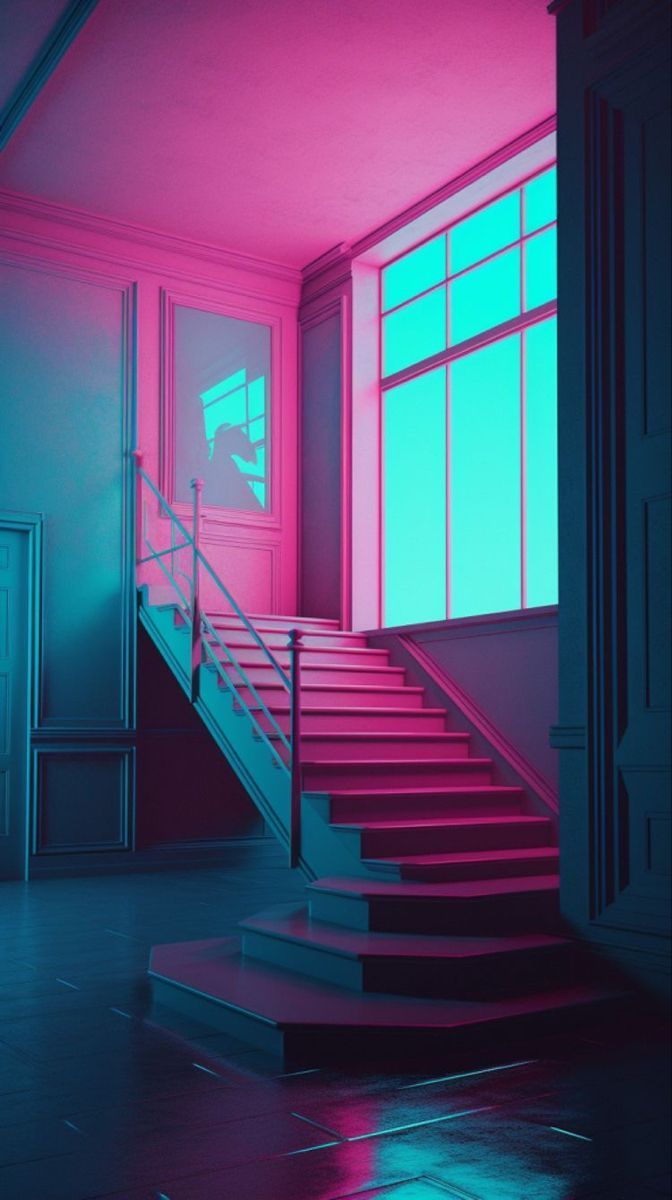 672x1200 Vaporwave Aesthetic Room with Pink Lighting. 超現実主義, サイバーパンク, 幻想的なイラスト
