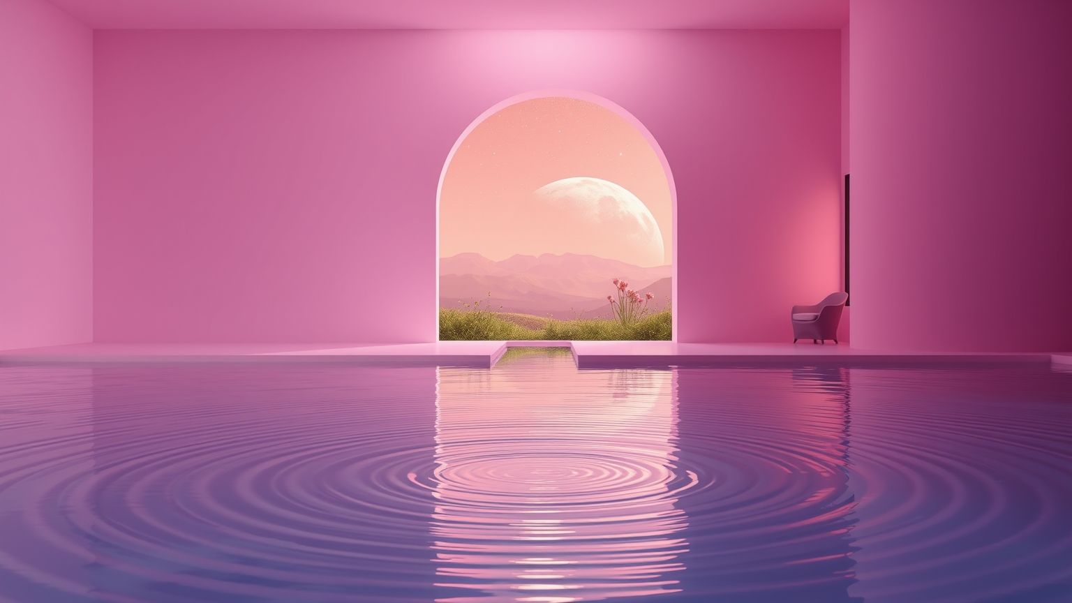 1536x864 Pink And Purple Liminal Space, Modern Architecture Room, A Moon And Water. There's An Open Archway In The Room, The Water Flows Into It To The Outside With Grass And Flowers. The