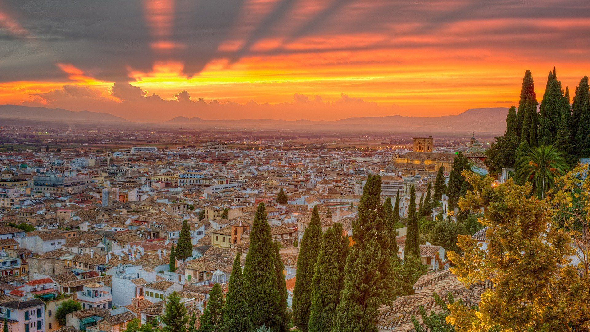 1920x1080 sunset, Nature, Trees, Cityscapes, Spain Wallpaper HD / Desktop and Mobile Background