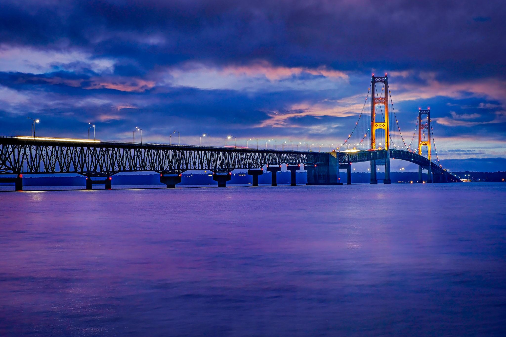 2048x1365 Mackinac Bridge Sunset Sky Blue Canvas Print Glossy Print Livingroom Office Wall Art Poster Decor Night Great Lakes Michigan Night
