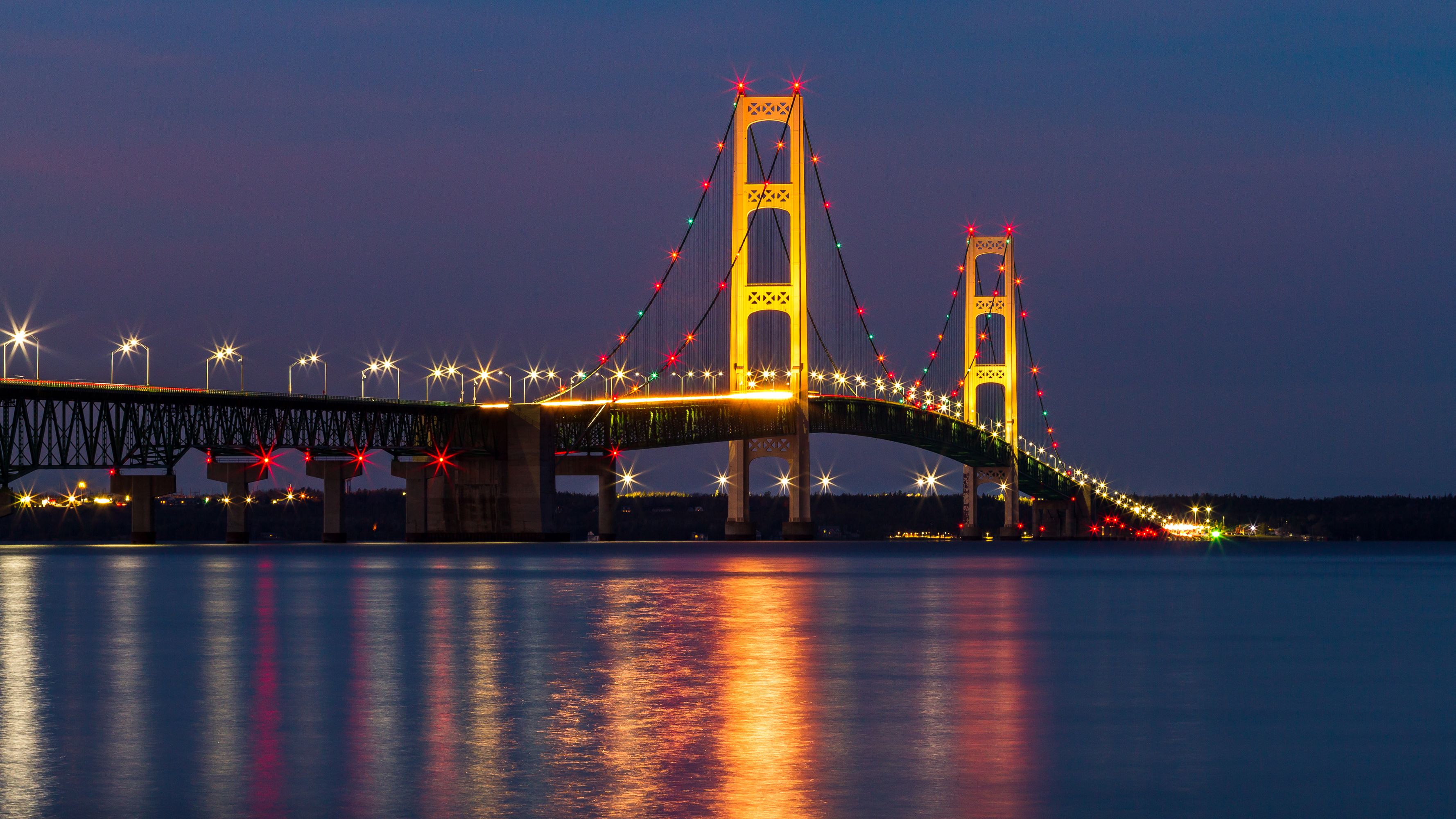 3556x2000 Wallpaper night, bridge, lights, river, lights, USA, Michigan, Mackinac Bridge for mobile and desktop, section город, resolution 3556x2000